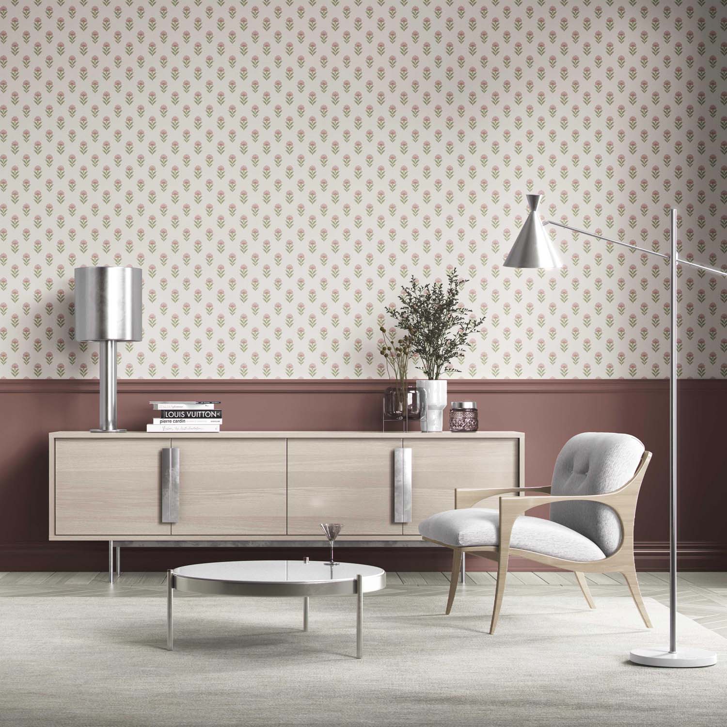 Floral Block Print Bathroom Wallpaper (Pink/ Green)