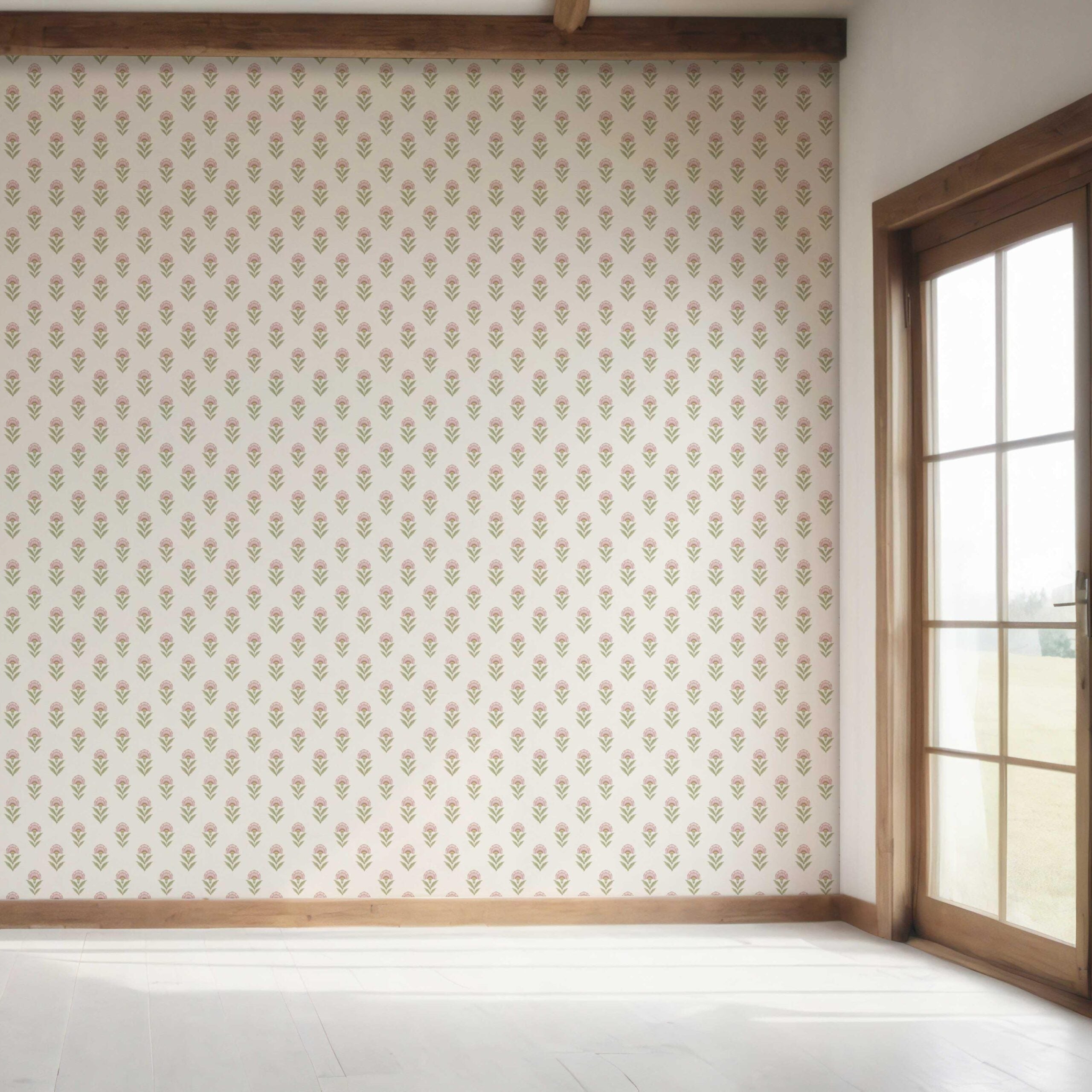 Floral Block Print Bedroom Wallpaper (Pink/ Green)