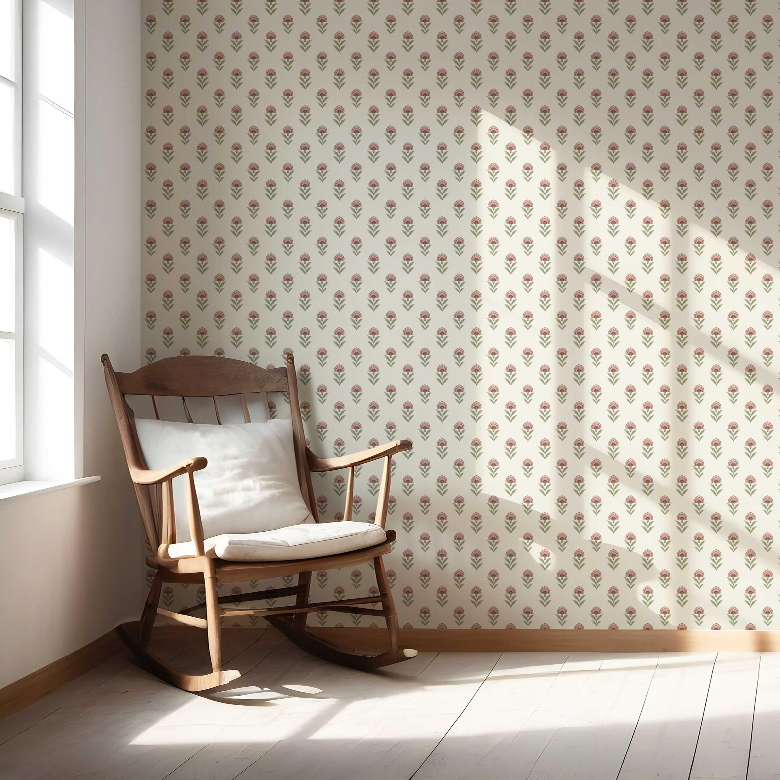Floral Block Print Nursery Wallpaper (Red/ Green)