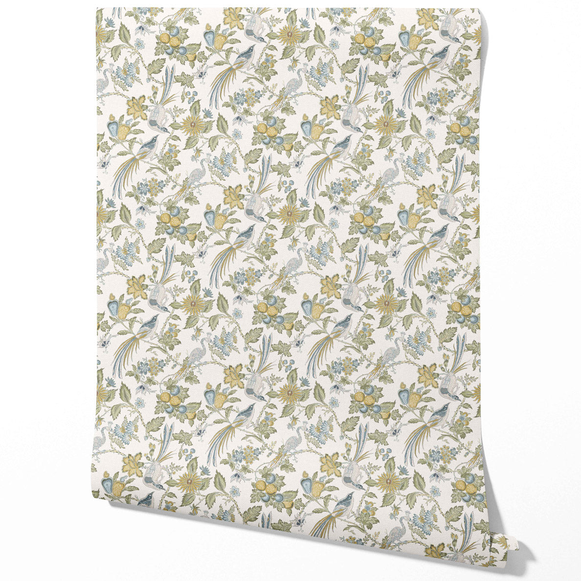 Floral/ Birds Print Traditional Wallpaper Sample (Blue/ Green/ Yellow/ Gray)