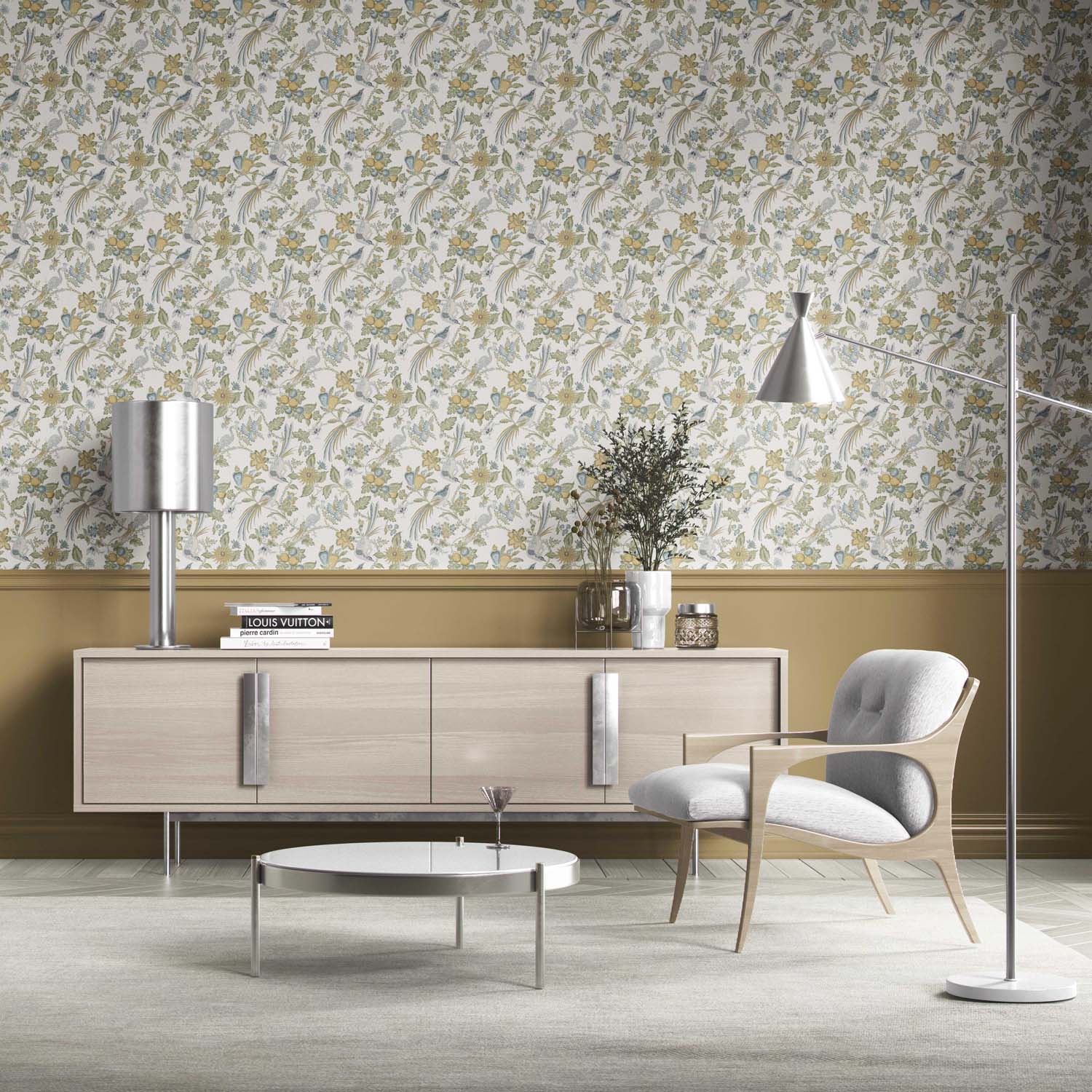 Floral/ Birds Print Kitchen Wallpaper Sample (Blue/ Green/ Yellow/ Gray)