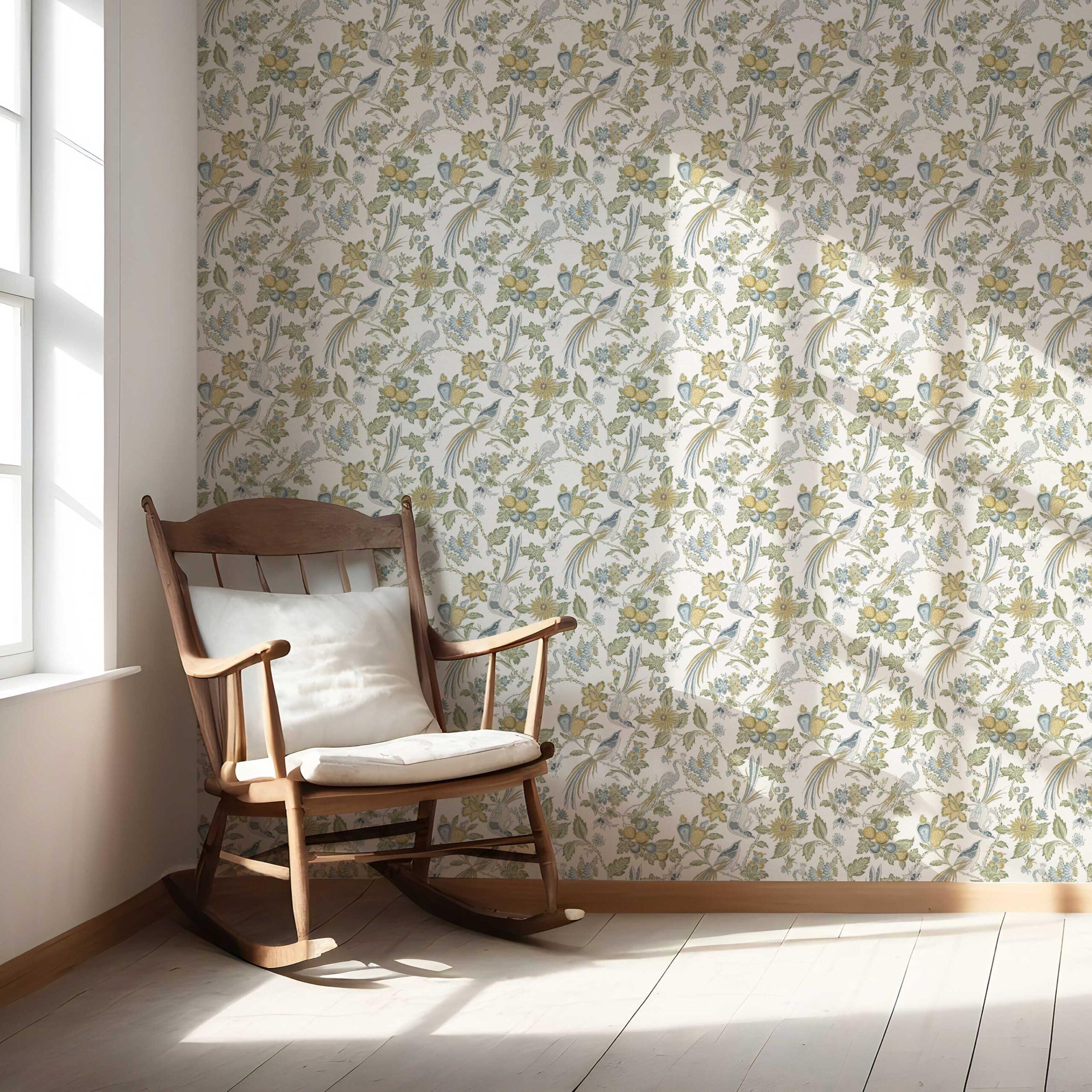 Floral/ Birds Print Nursery Wallpaper Sample (Blue/ Green/ Yellow/ Gray)