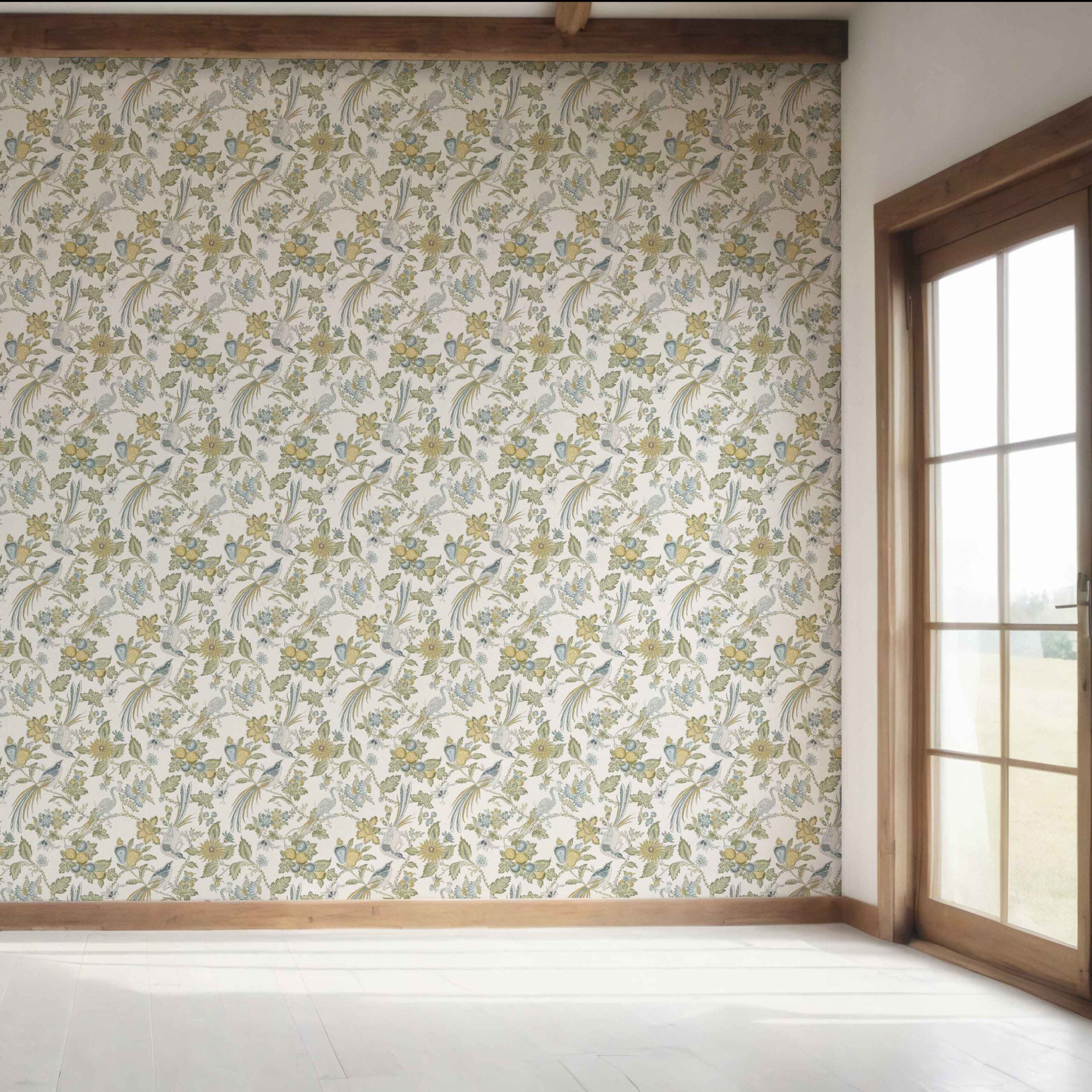 Floral/ Birds Print Bedroom Wallpaper Sample (Blue/ Green/ Yellow/ Gray)