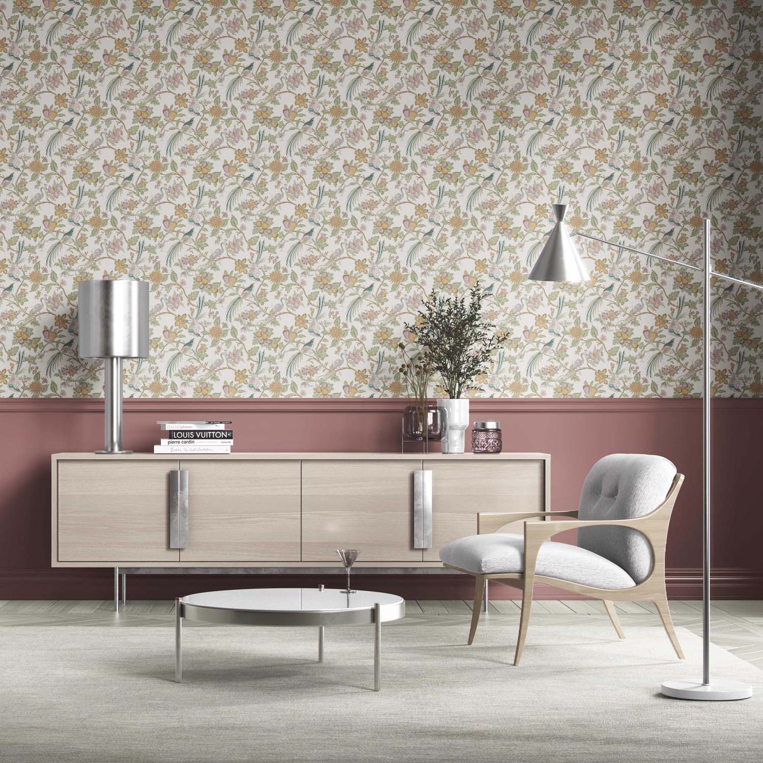 Floral/ Birds Print Kitchen Wallpaper Sample (Pink/ Yellow/ Green/ Blue)