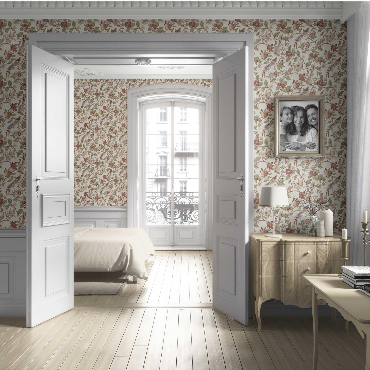 Floral/ Birds Print Living Room Wallpaper Sample (Red/ Brown/ Green/ Beige)