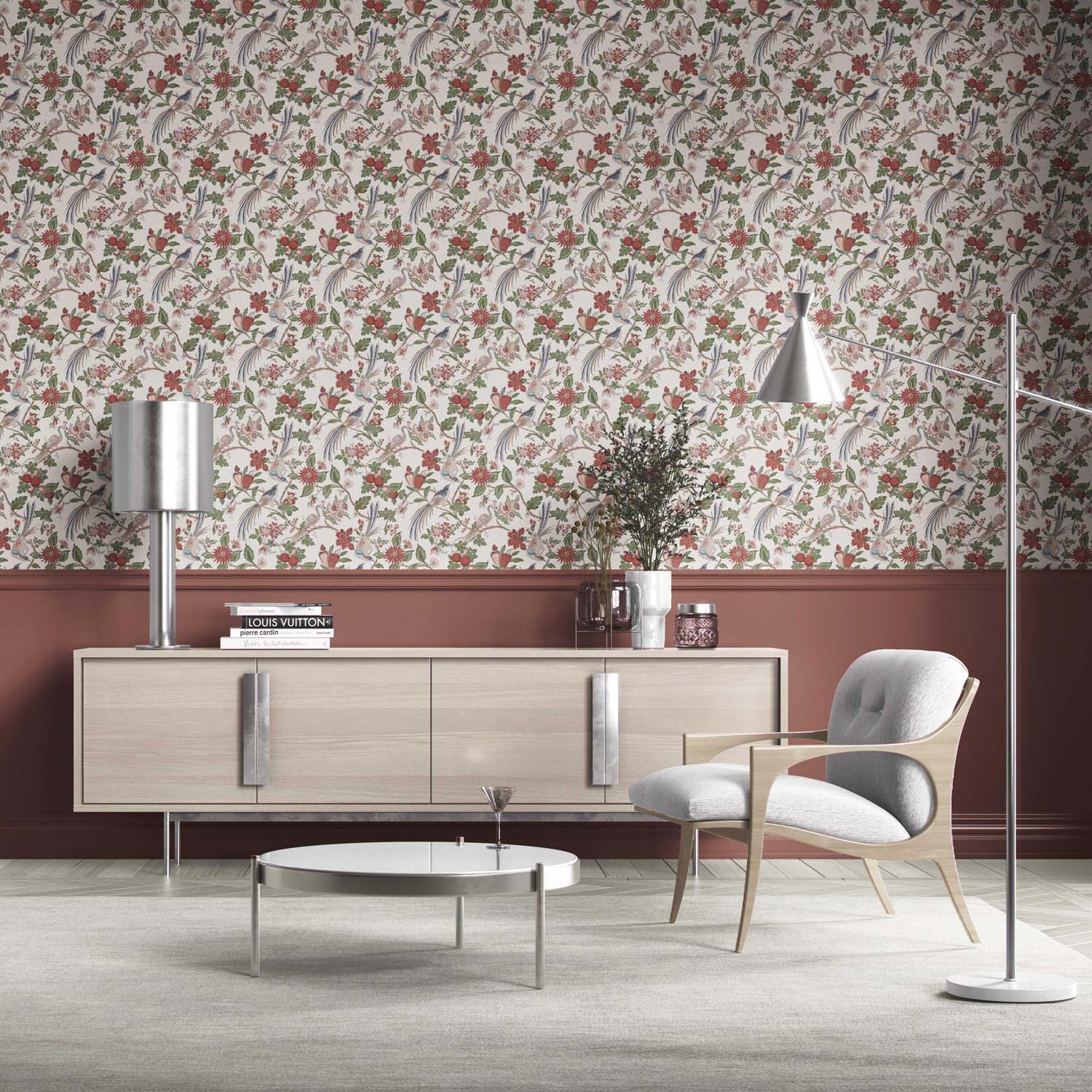 Floral/ Birds Print Kitchen Wallpaper Sample (Deep Red/ Pink/ Green/ Gray/ Blue)