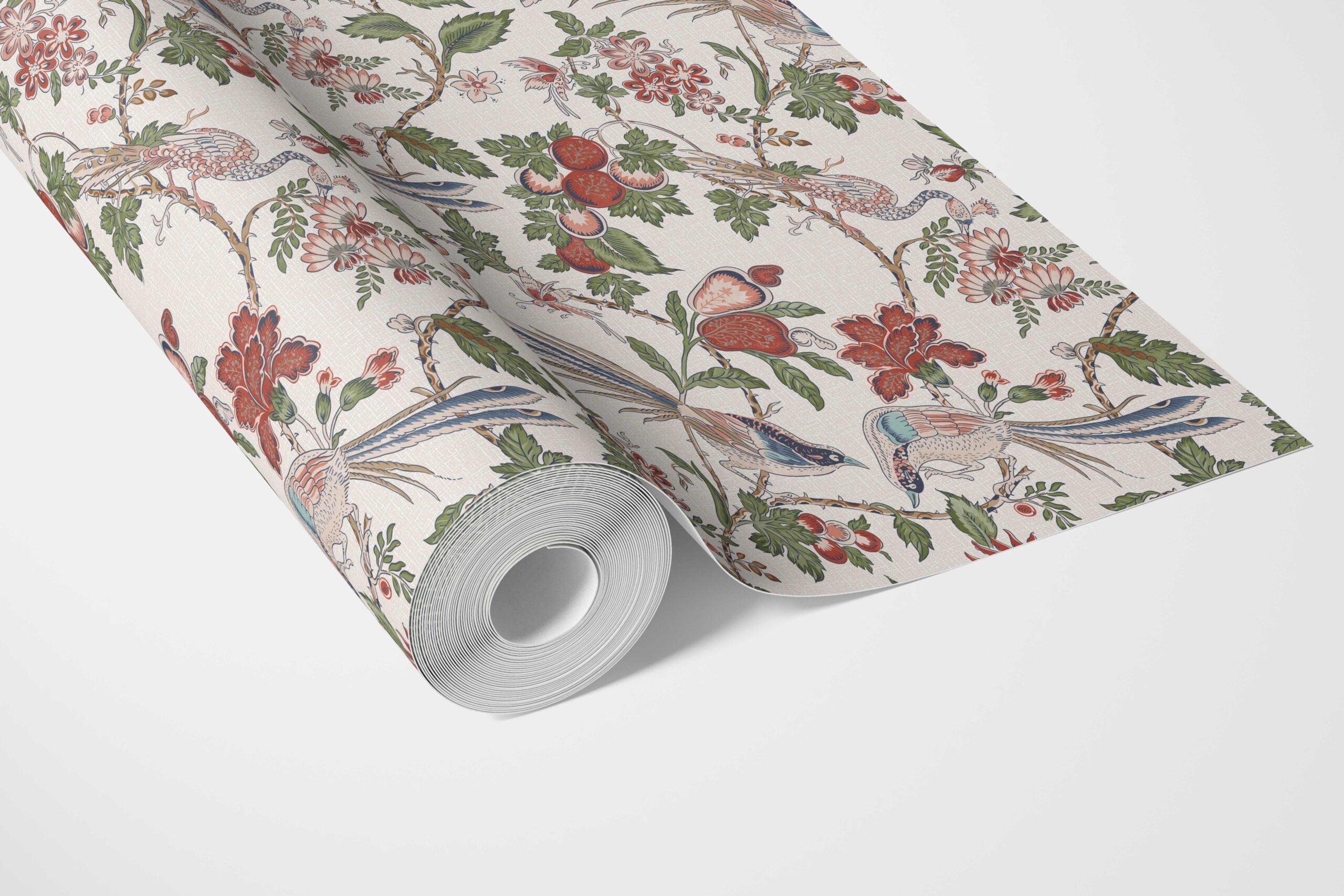 Floral/ Birds Print Bathroom Wallpaper Sample (Deep Red/ Pink/ Green/ Gray/ Blue)