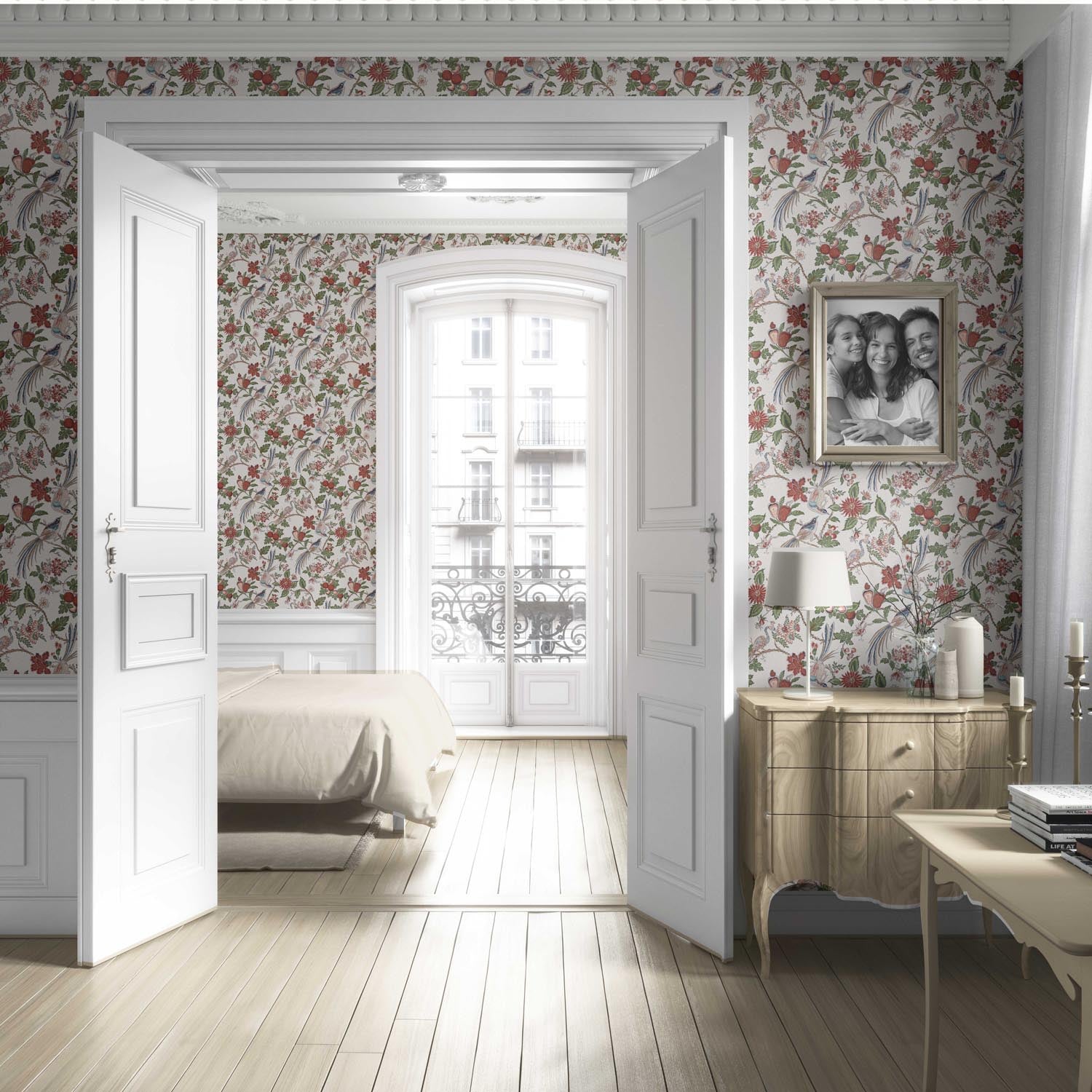 Floral/ Birds Print Living Room Wallpaper (Deep Red/ Pink/ Green/ Gray/ Blue)