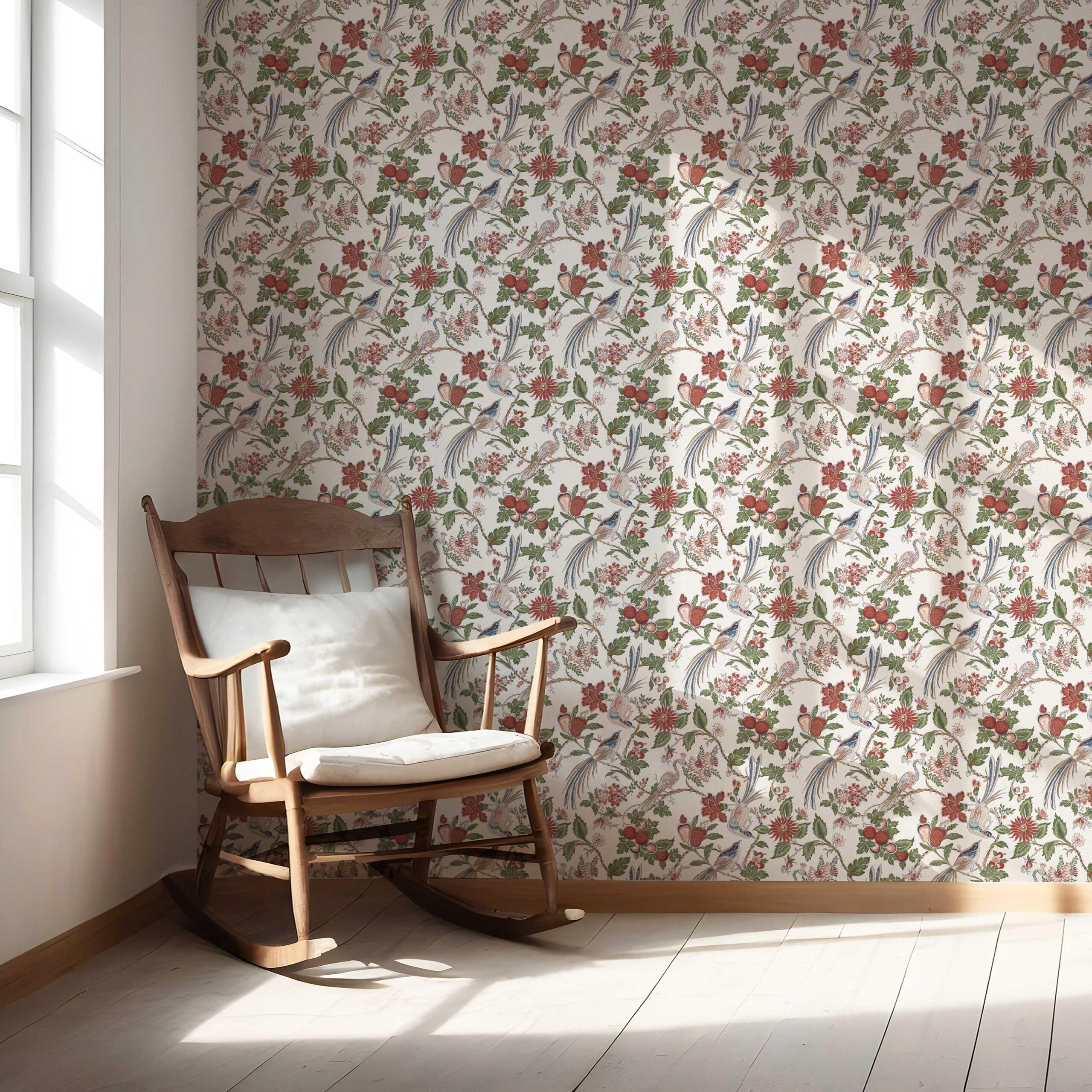 Floral/ Birds Print Nursery Wallpaper Sample (Deep Red/ Pink/ Green/ Gray/ Blue)