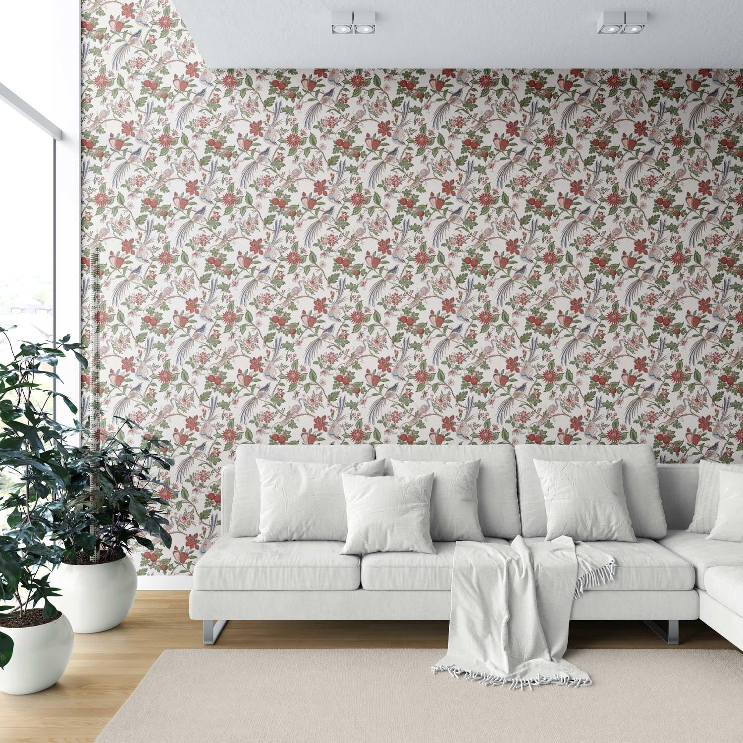 Floral/ Birds Print Shower Toilet Wallpaper Sample (Deep Red/ Pink/ Green/ Gray/ Blue)