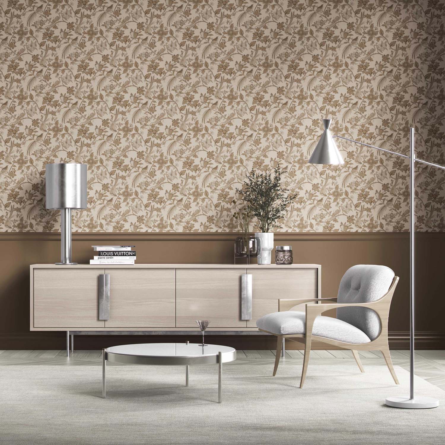 Neutral Floral/ Birds Print Kitchen Wallpaper Sample (Brown/ Beige/ Taupe)