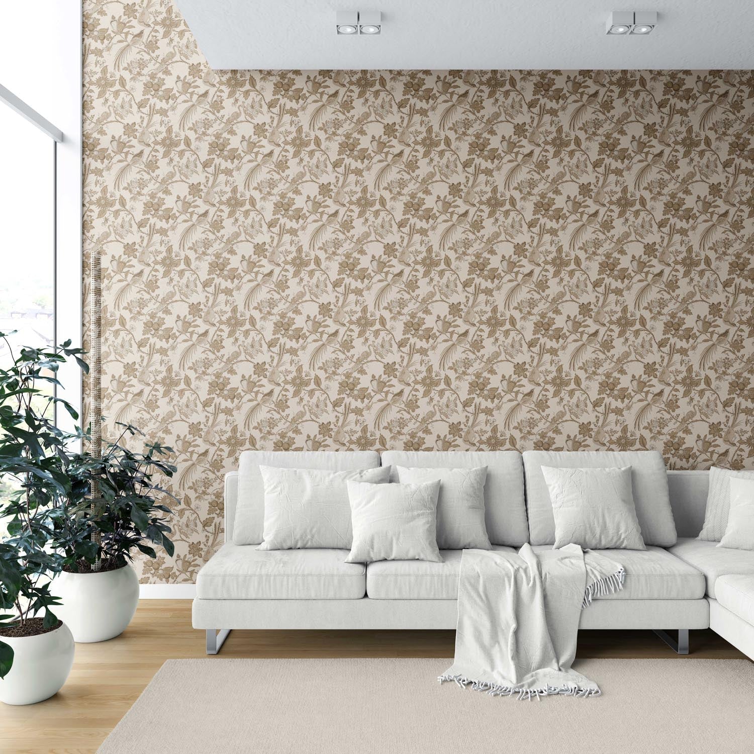 Neutral Floral/ Birds Print Shower Toilet Wallpaper (Brown/ Beige/ Taupe)