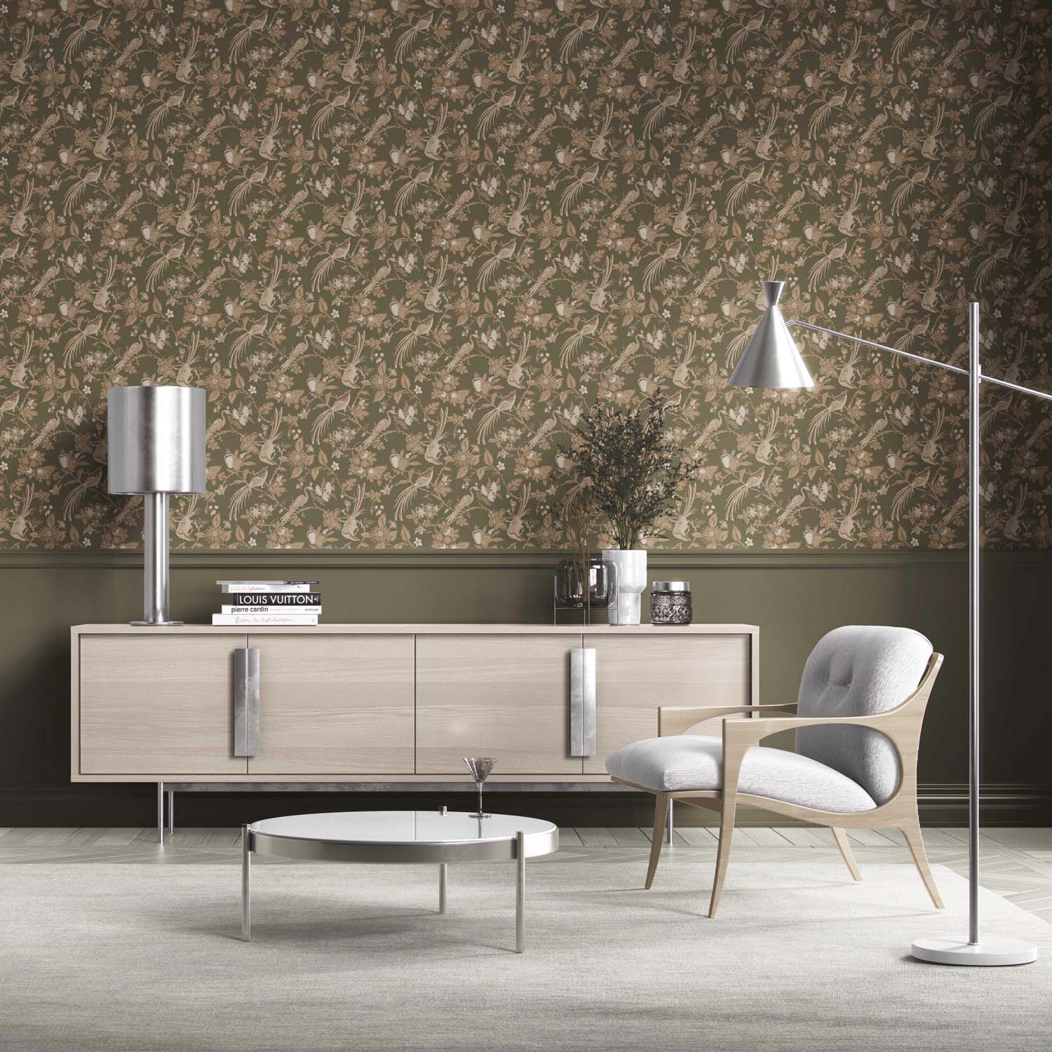 Floral/ Birds Print Kitchen Wallpaper Sample (Olive Green/ Beige)