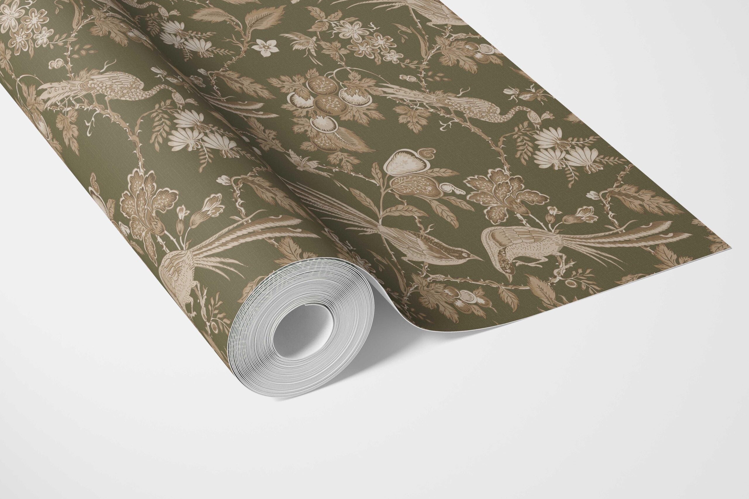 Floral/ Birds Print Bathroom Wallpaper Sample (Olive Green/ Beige)