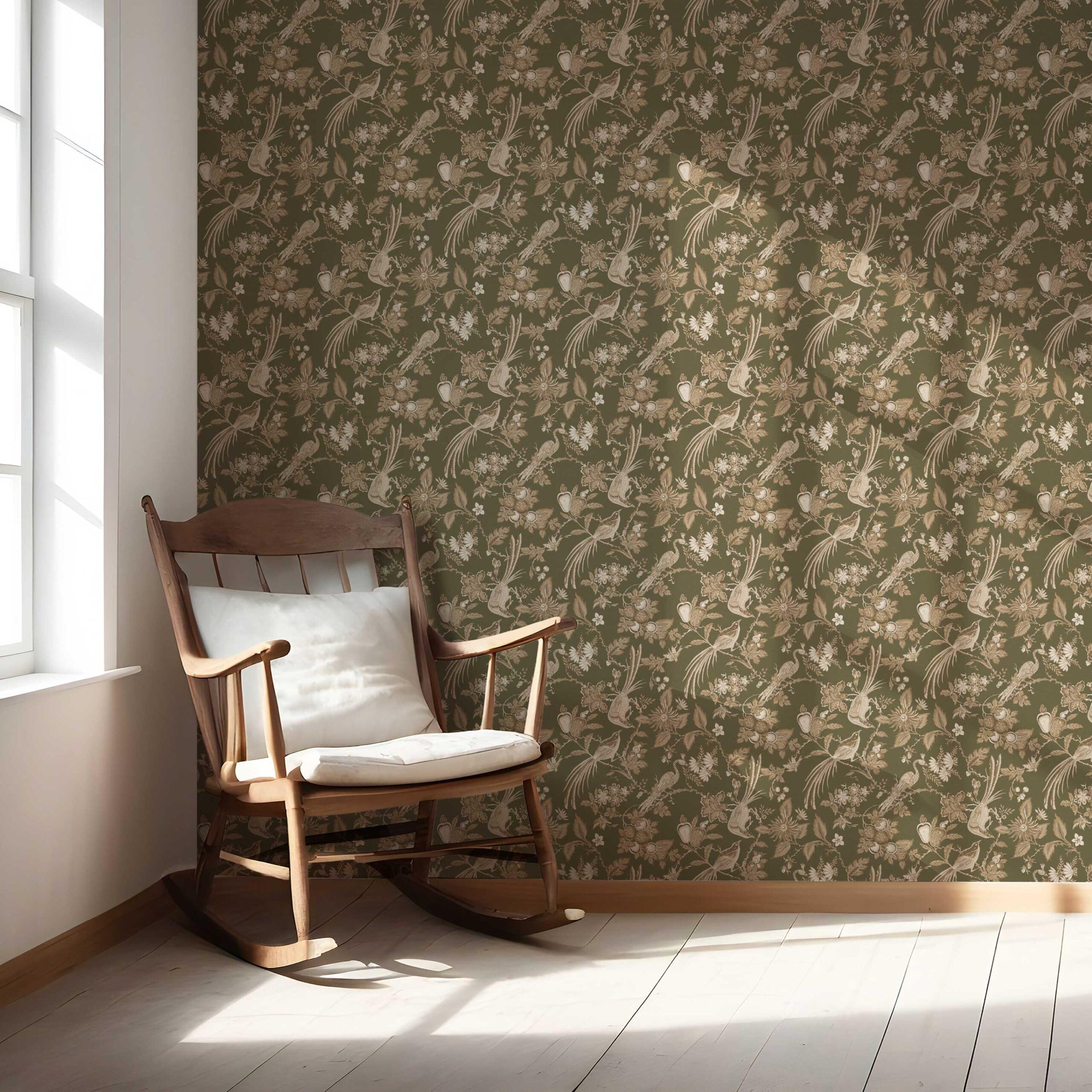 Floral/ Birds Print Nursery Wallpaper Sample (Olive Green/ Beige)