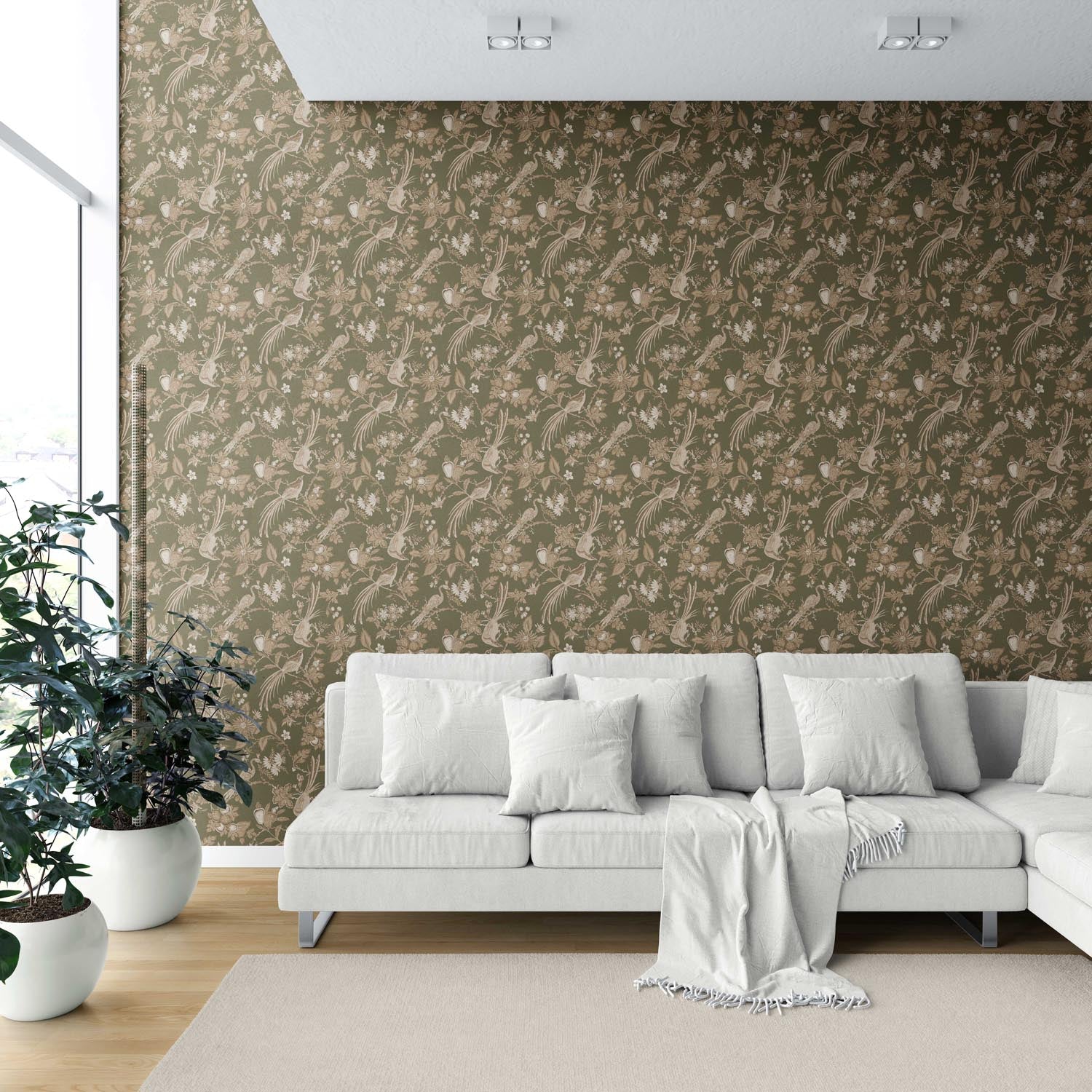 Floral/ Birds Print Shower Toilet Wallpaper Sample (Olive Green/ Beige)
