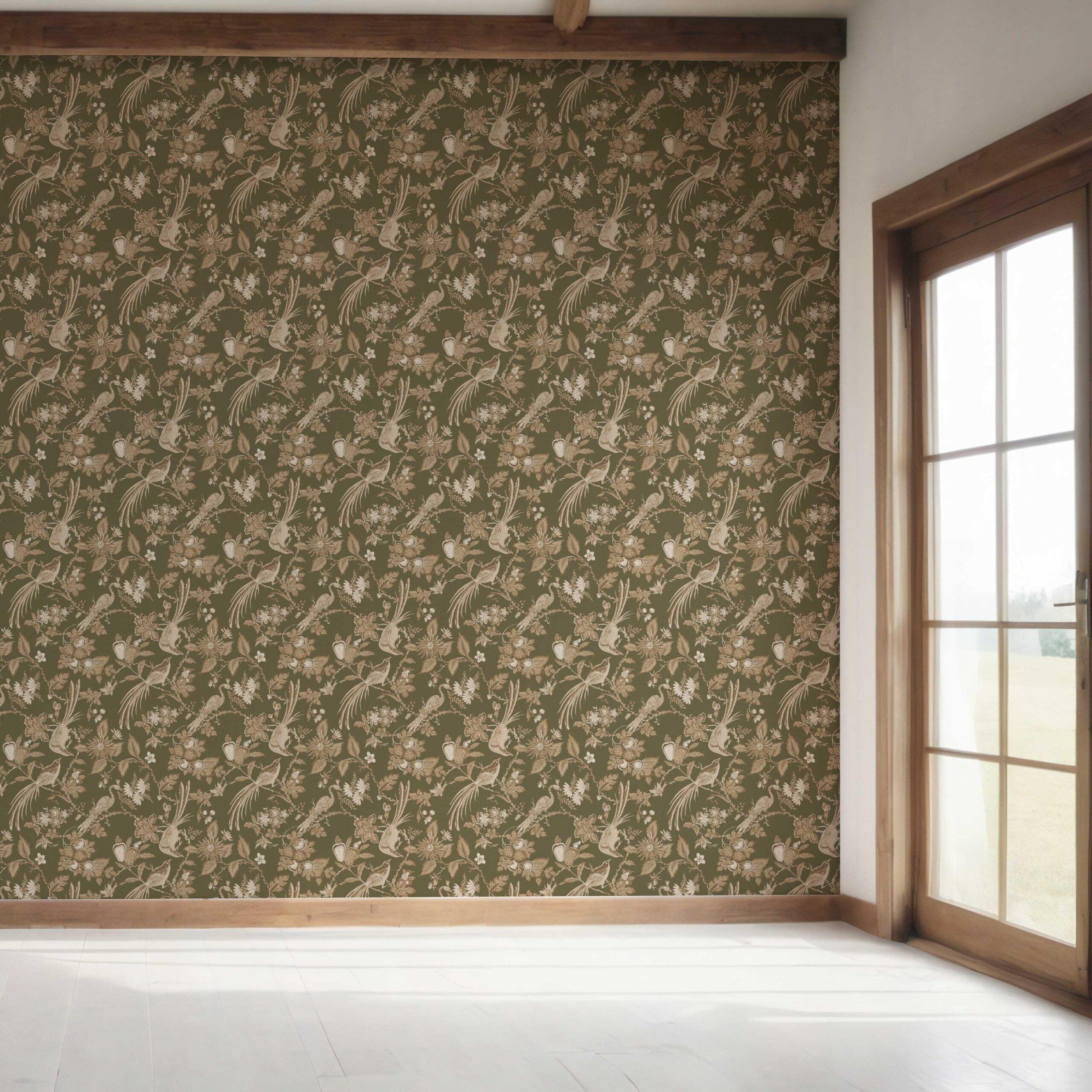 Floral/ Birds Print Bedroom Wallpaper Sample (Olive Green/ Beige)