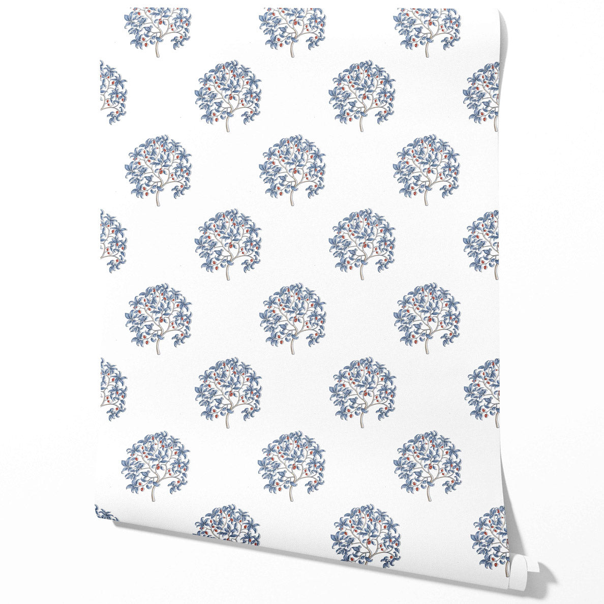 Floral Block Print Traditional Wallpaper (Navy Blue/ Red)