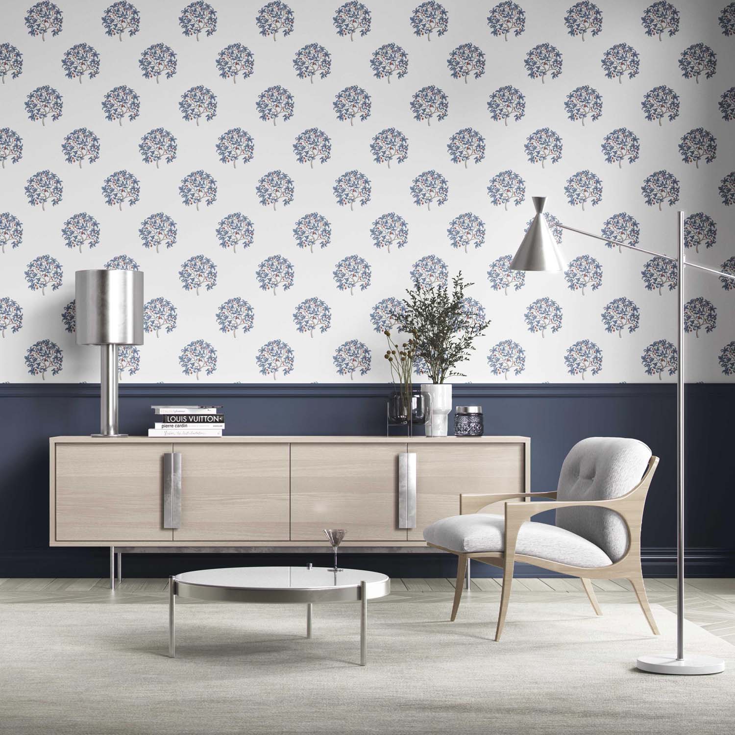Floral Block Print Kitchen Wallpaper Sample (Navy Blue/ Red)