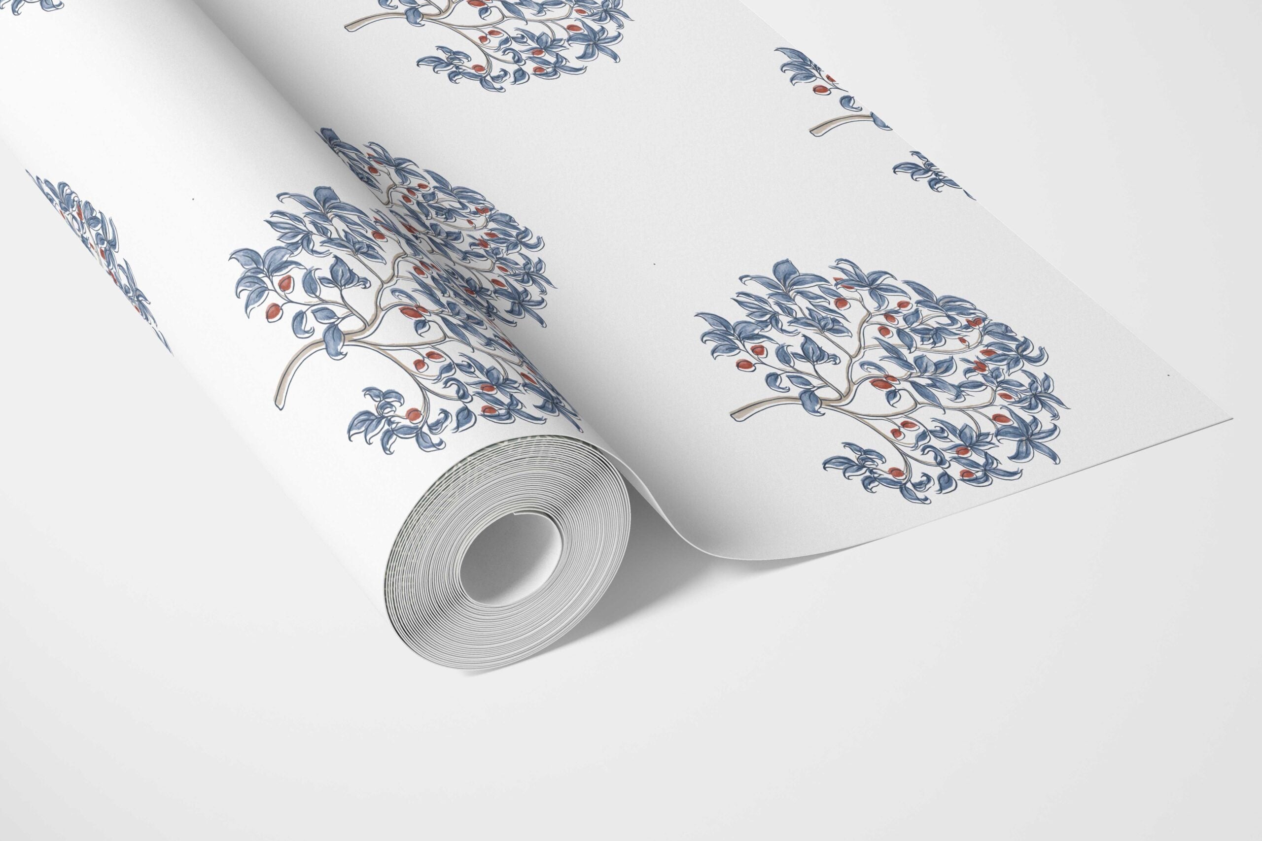 Floral Block Print Bathroom Wallpaper Sample (Navy Blue/ Red)