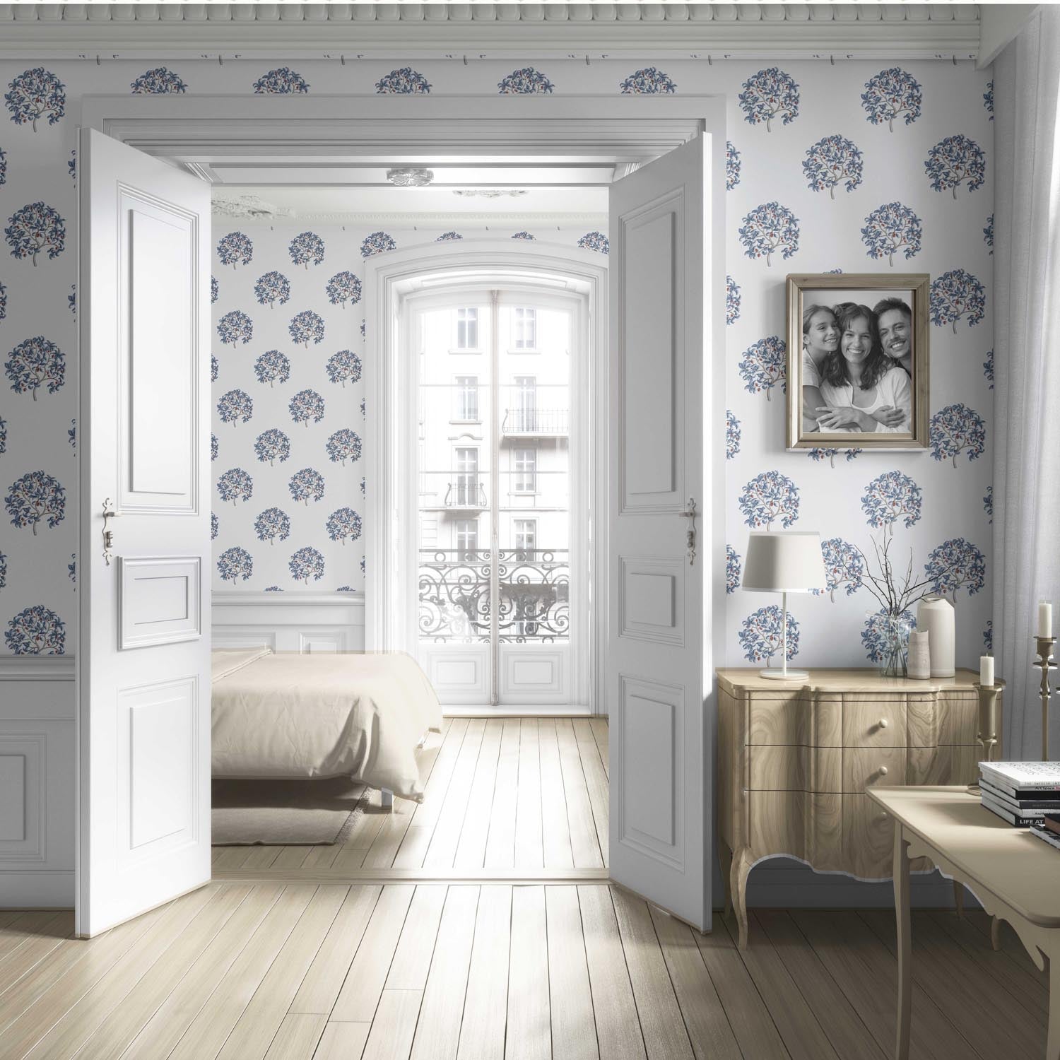Floral Block Print Living Room Wallpaper Sample (Navy Blue/ Red)