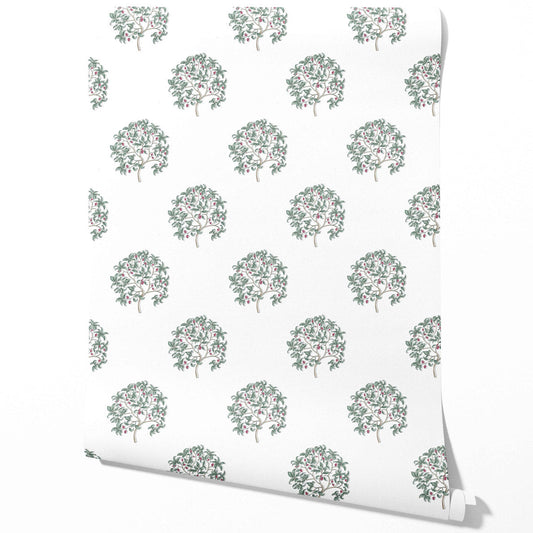 Floral Block Print Traditional Wallpaper (Green/ Pink)