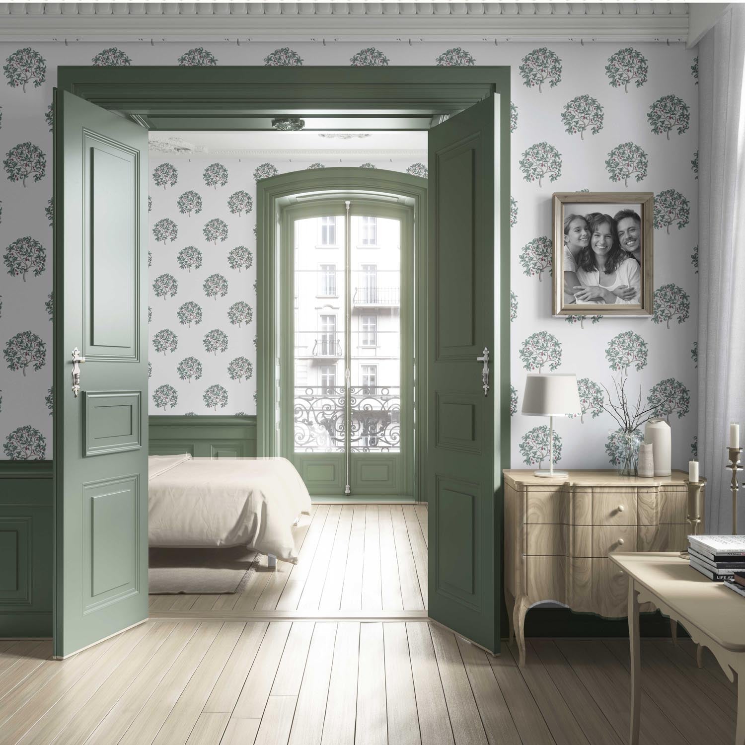 Floral Block Print Living Room Wallpaper Sample (Green/ Pink)