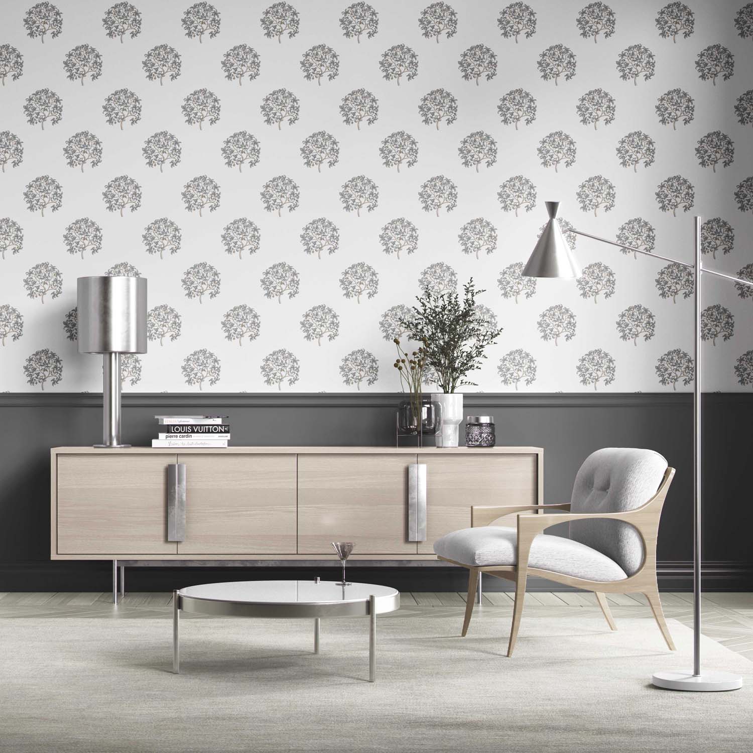 Neutral Floral Block Print Kitchen Wallpaper Sample (Gray/ Brown)