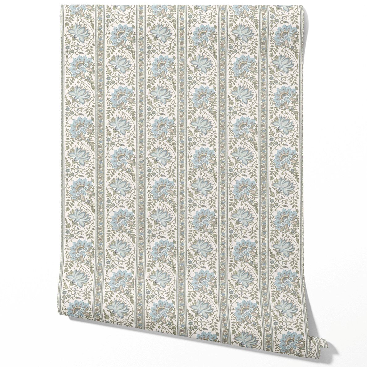 Vintage Floral Striped/ Botanical Traditional Wallpaper Sample (Blue/ Green/ Sage Gray)