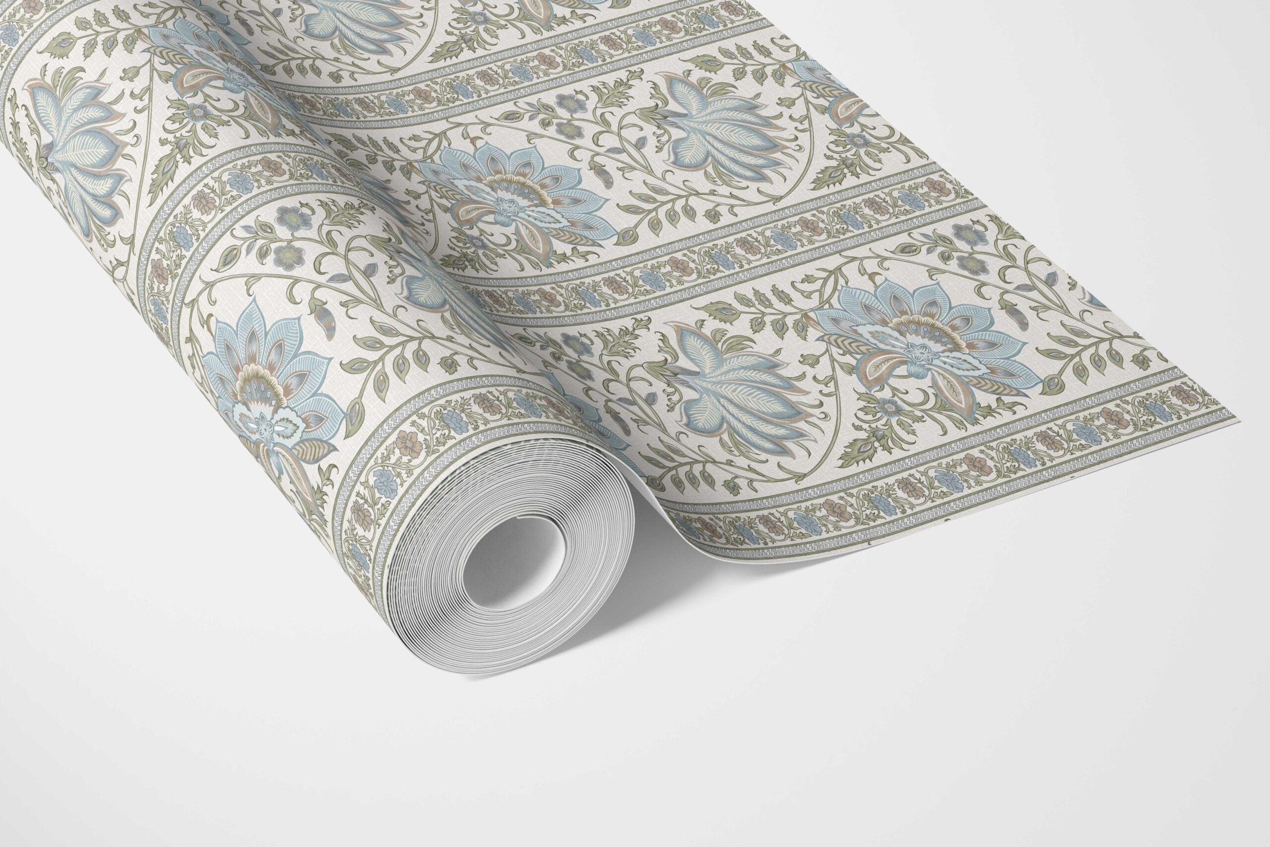 Vintage Floral Striped/ Botanical Bathroom Wallpaper Sample (Blue/ Green/ Sage Gray)