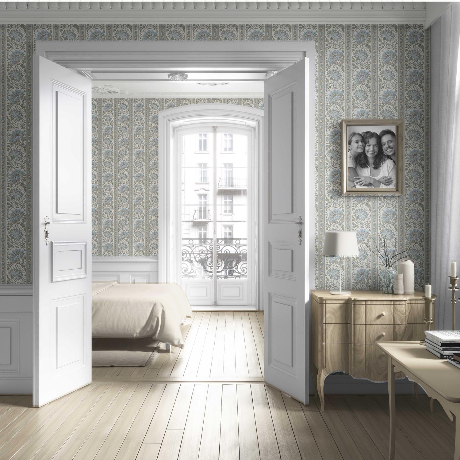 Vintage Floral Striped/ Botanical Living Room Wallpaper (Blue/ Green/ Sage Gray)