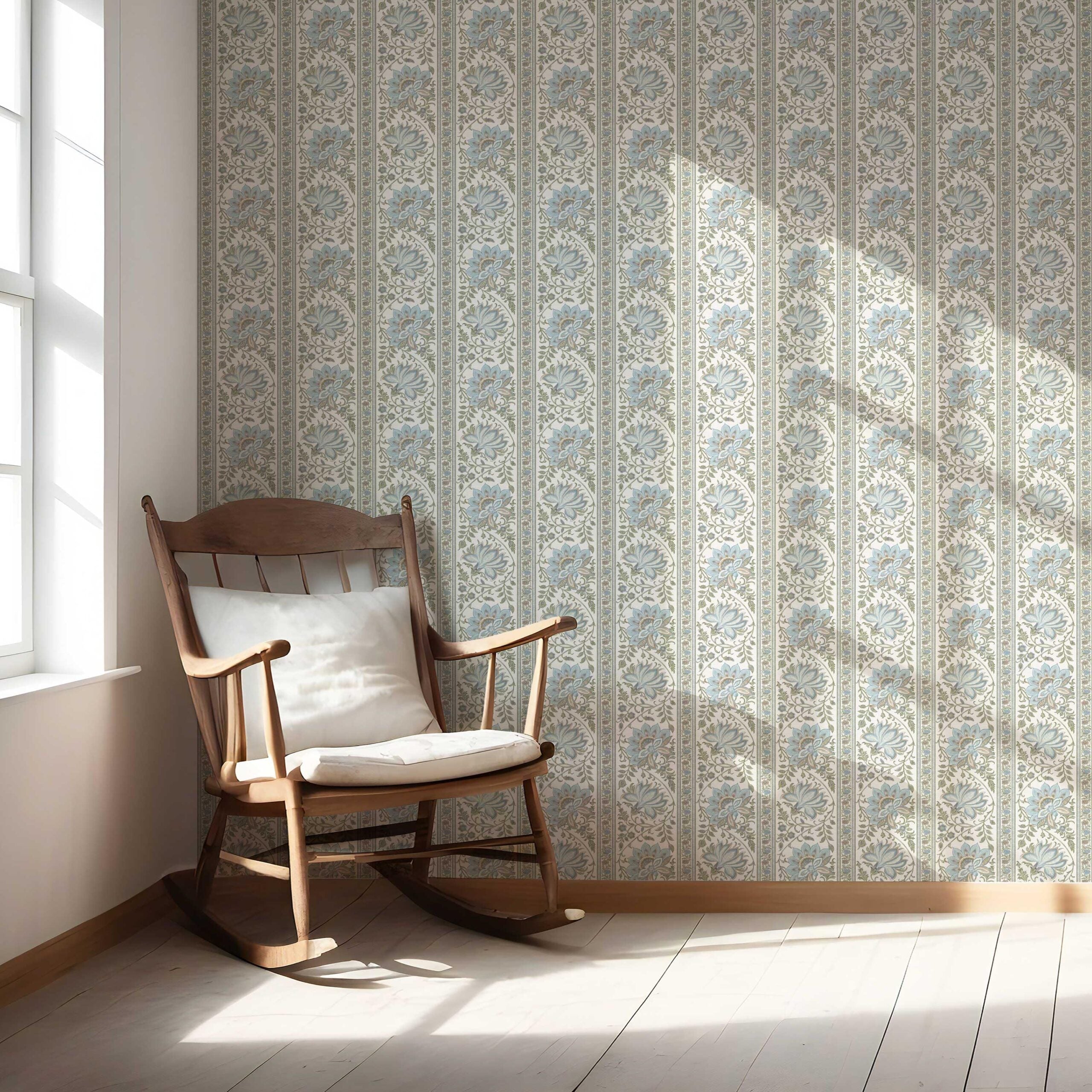 Vintage Floral Striped/ Botanical Nursery Wallpaper (Blue/ Green/ Sage Gray)