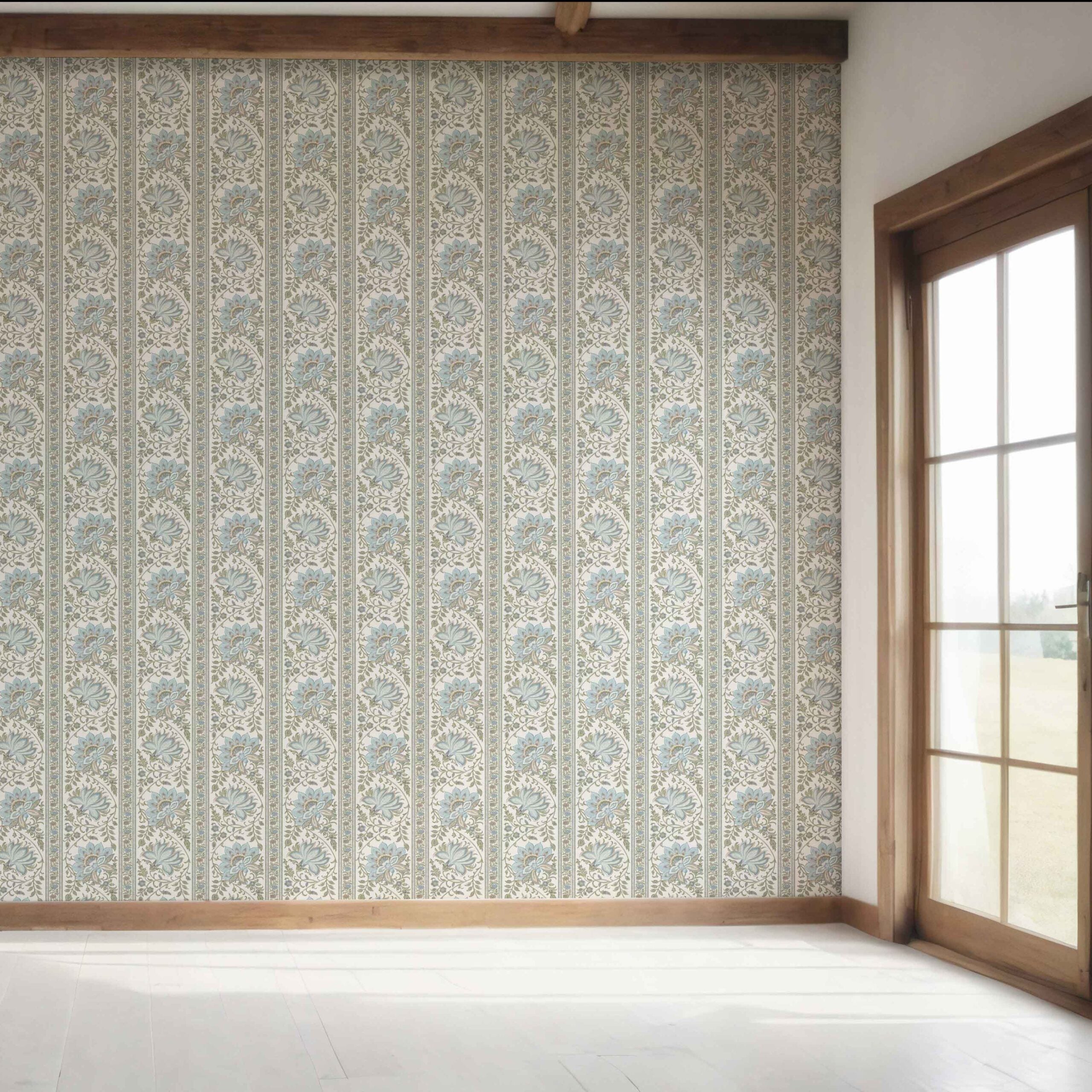 Vintage Floral Striped/ Botanical Bedroom Wallpaper Sample (Blue/ Green/ Sage Gray)
