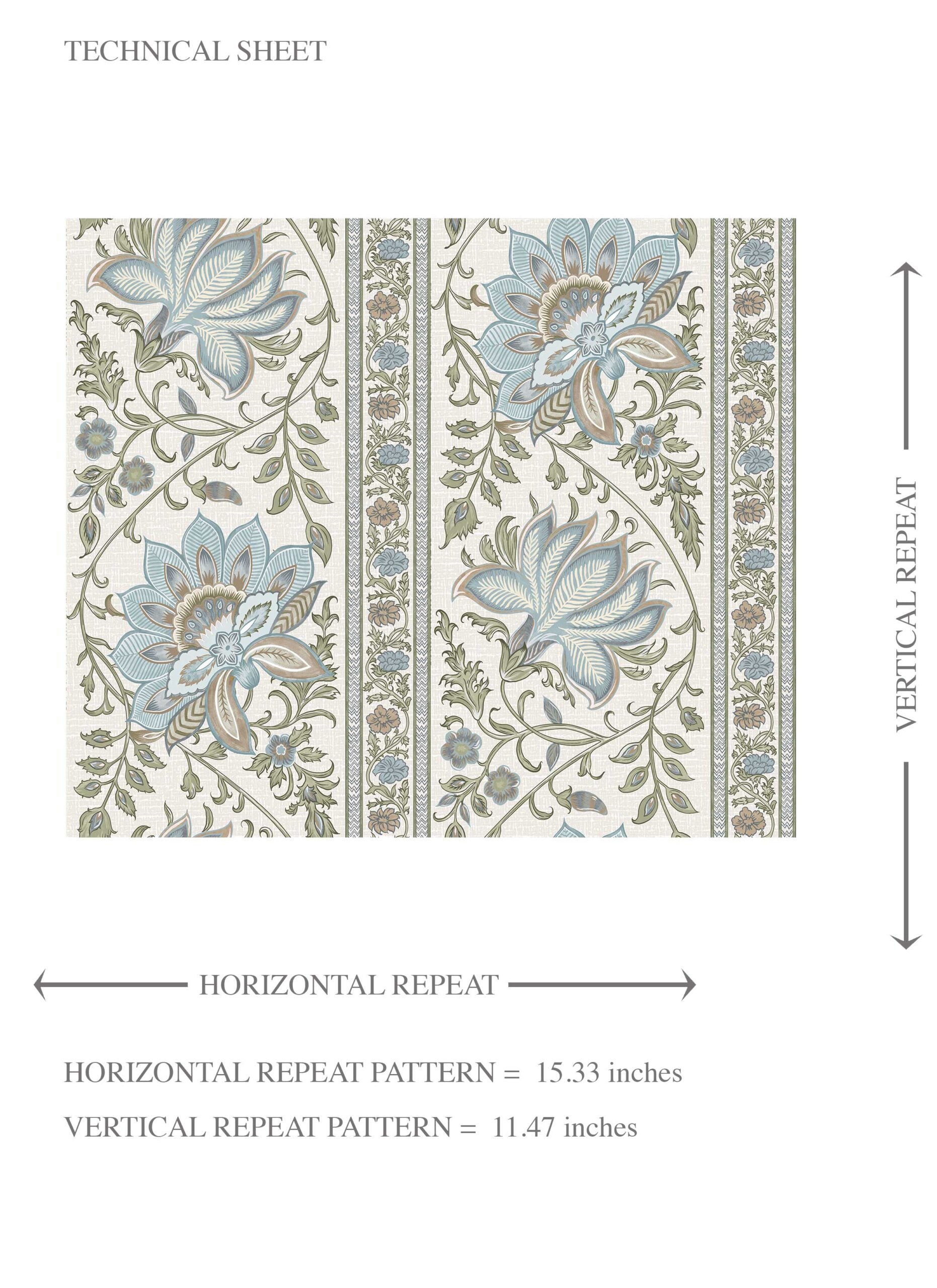Vintage Floral Striped/ Botanical Kids Room Wallpaper Sample (Blue/ Green/ Sage Gray)