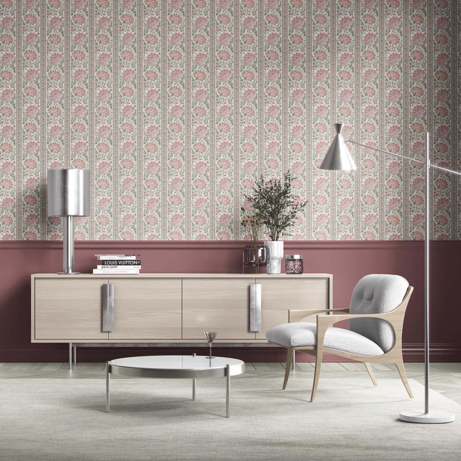Vintage Floral Striped/ Botanical Kitchen Wallpaper Sample (Pink/ Green)