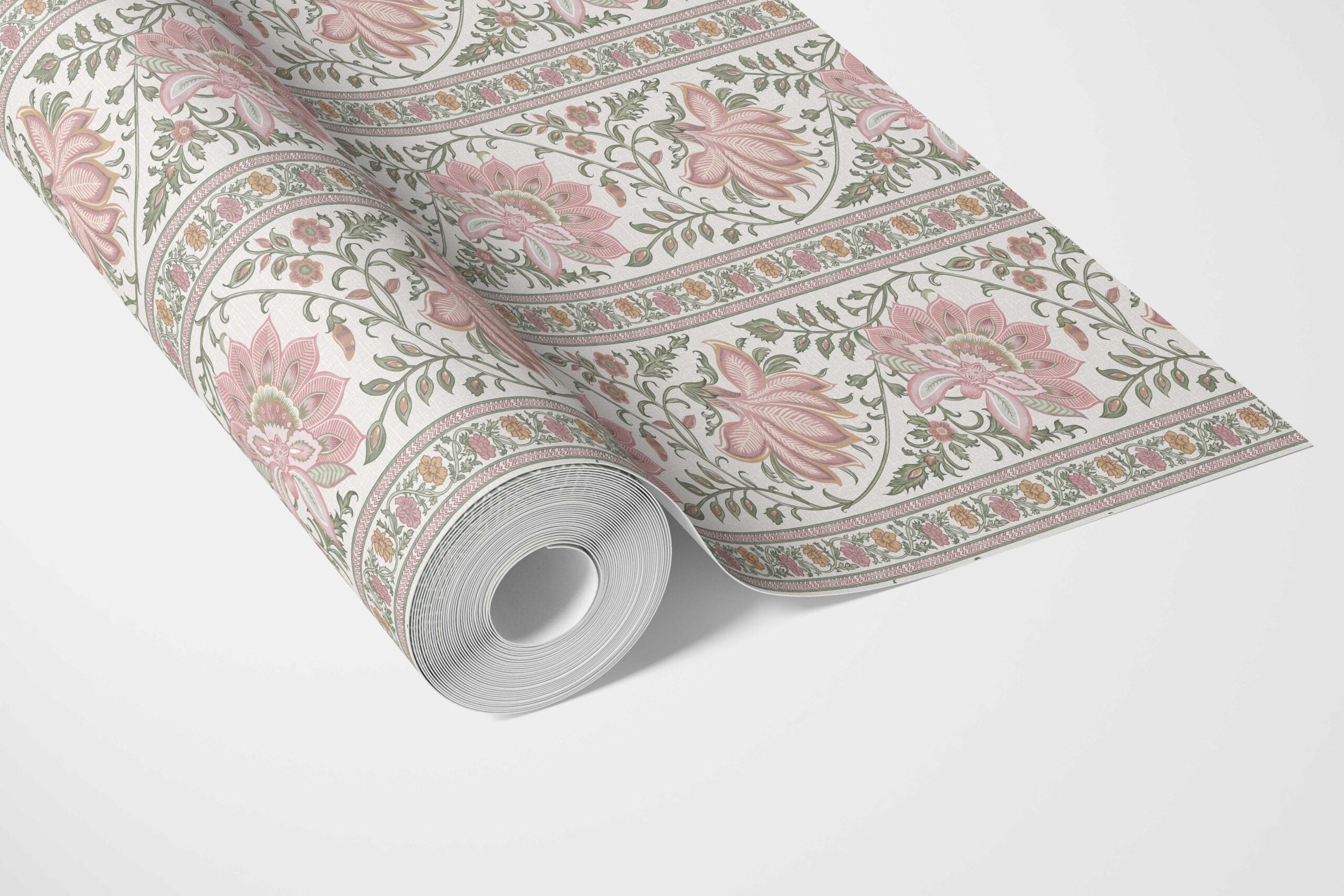 Vintage Floral Striped/ Botanical Bathroom Wallpaper Sample (Pink/ Green)