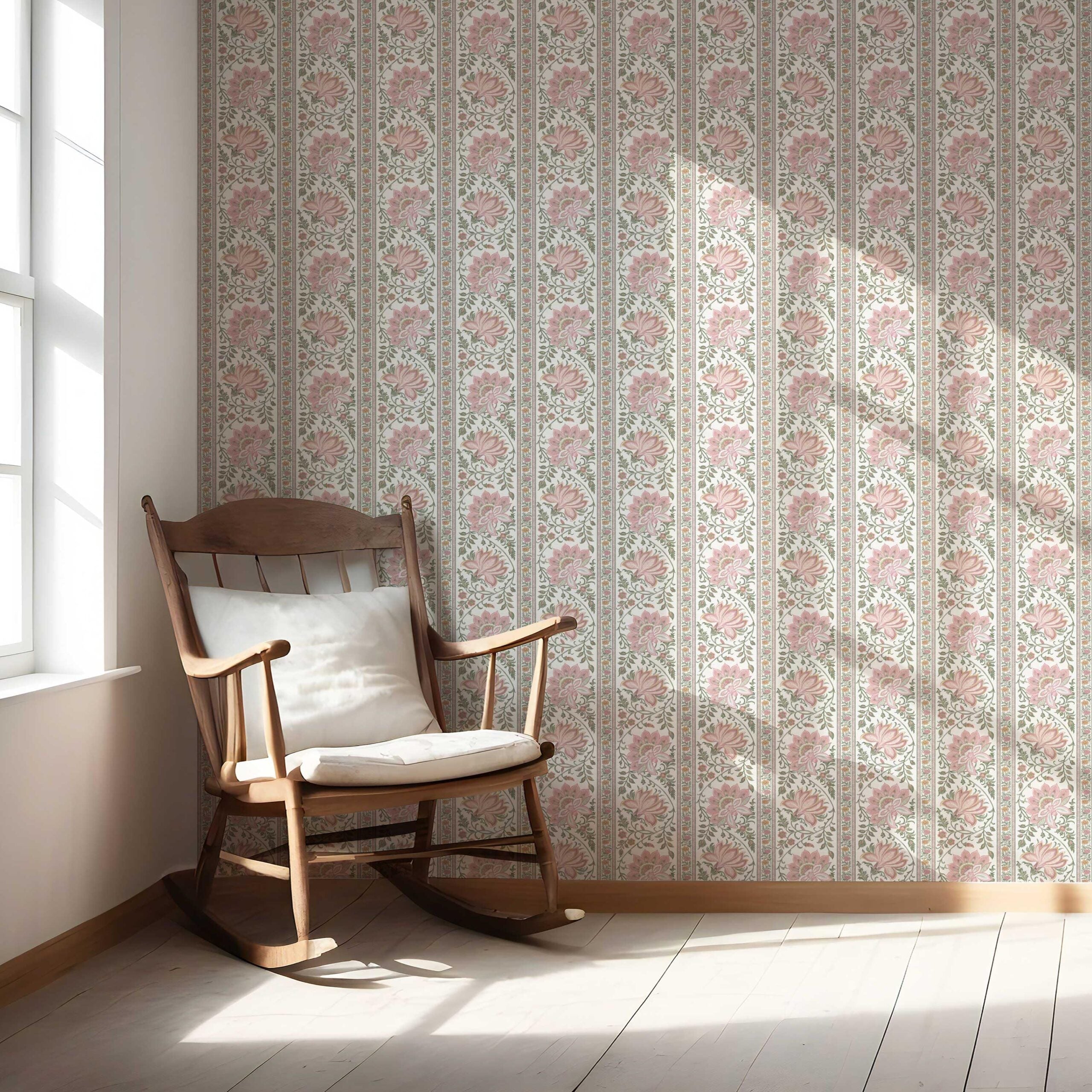 Vintage Floral Striped/ Botanical Nursery Wallpaper Sample (Pink/ Green)