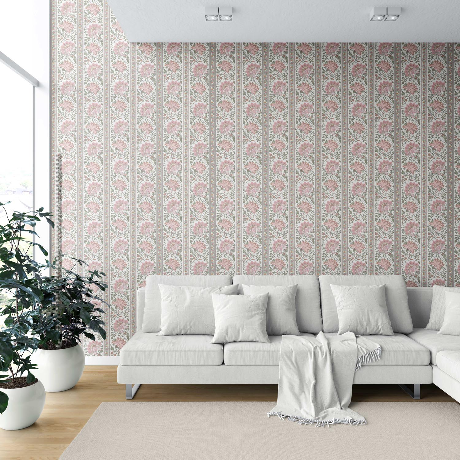 Vintage Floral Striped/ Botanical Shower Toilet Wallpaper Sample (Pink/ Green)