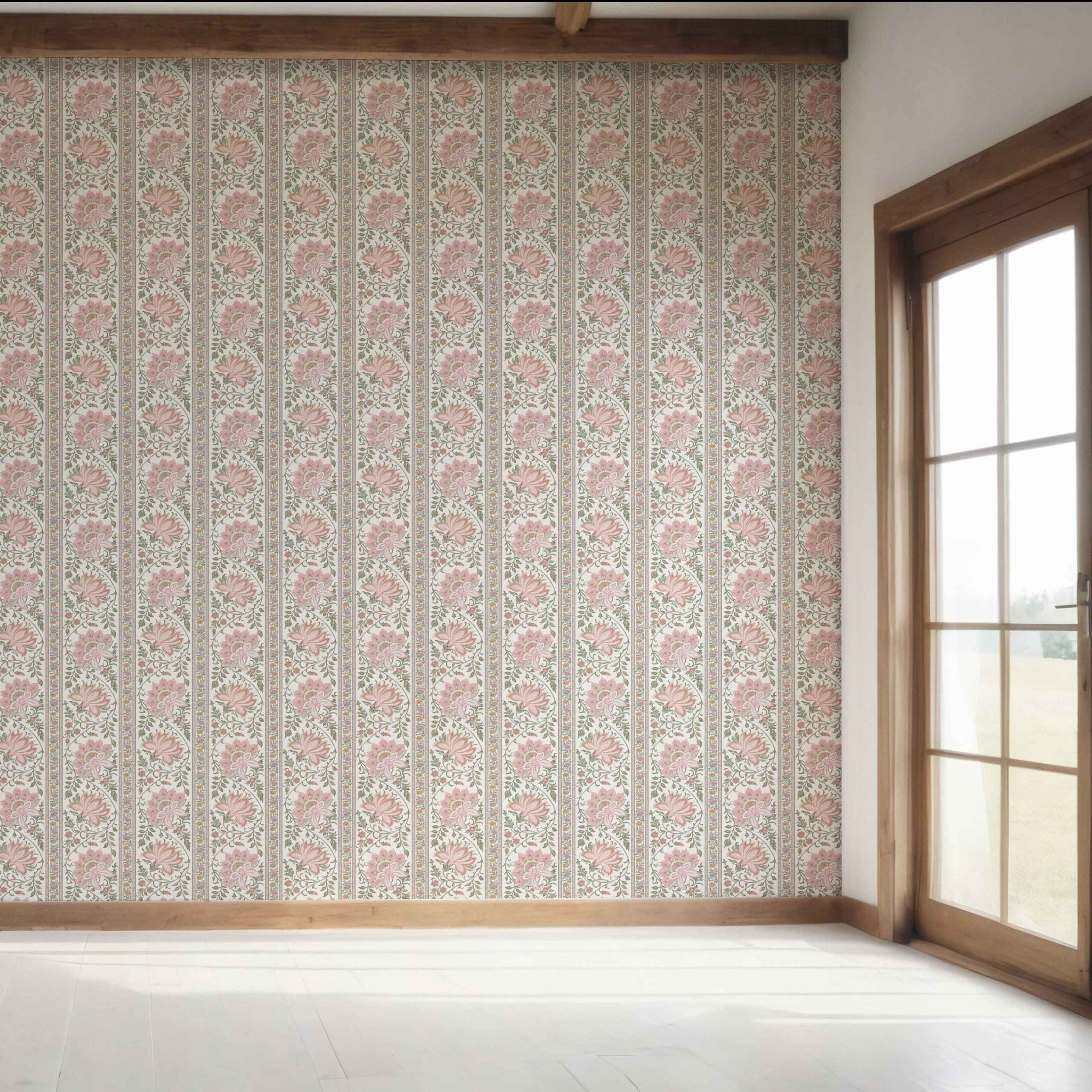 Vintage Floral Striped/ Botanical Bedroom Wallpaper Sample (Pink/ Green)