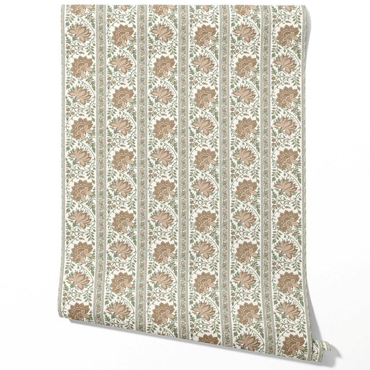 Vintage Floral Striped/ Botanical Traditional Wallpaper (Brown/ Green)