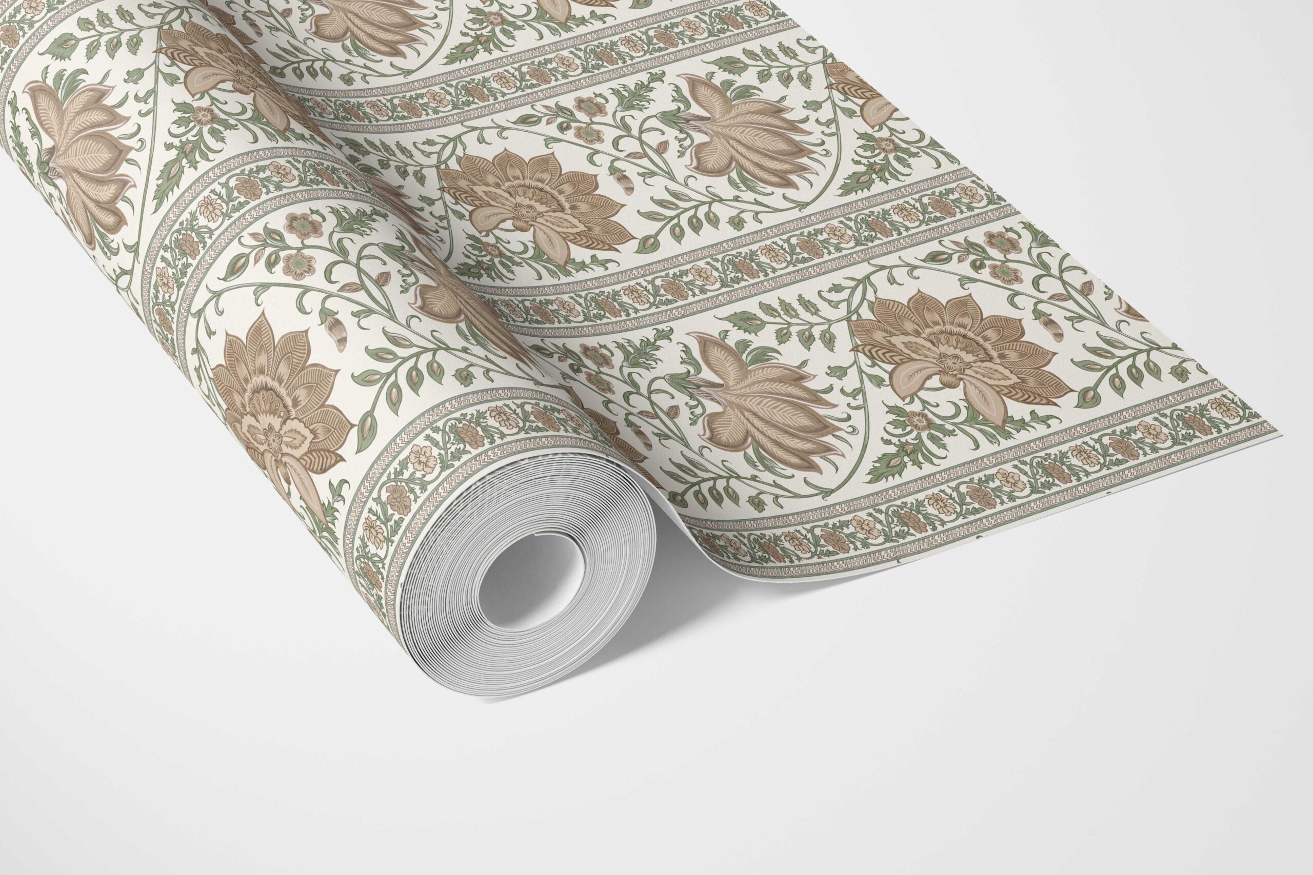 Vintage Floral Striped/ Botanical Bathroom Wallpaper Sample (Brown/ Green)