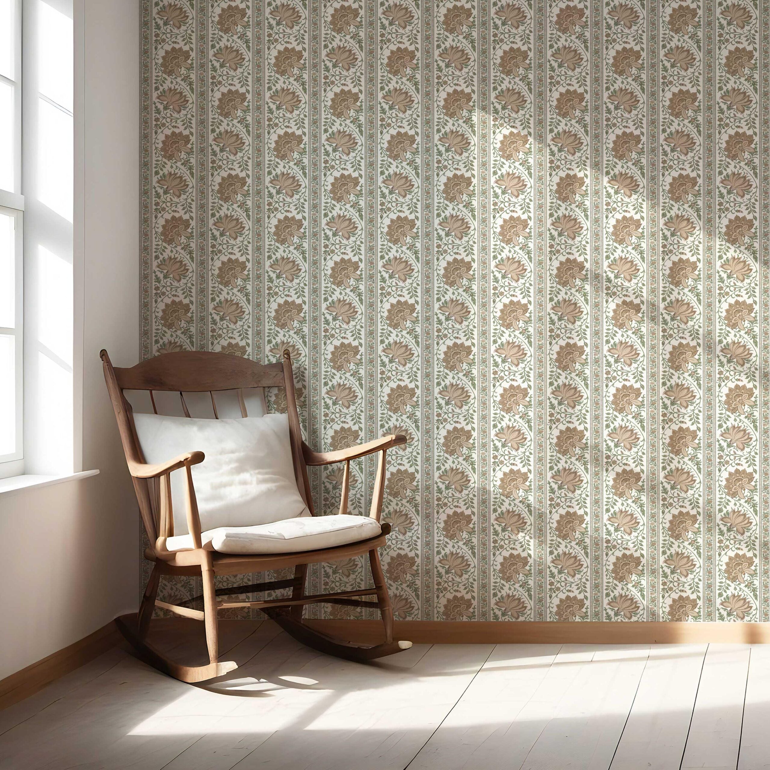 Vintage Floral Striped/ Botanical Nursery Wallpaper Sample (Brown/ Green)