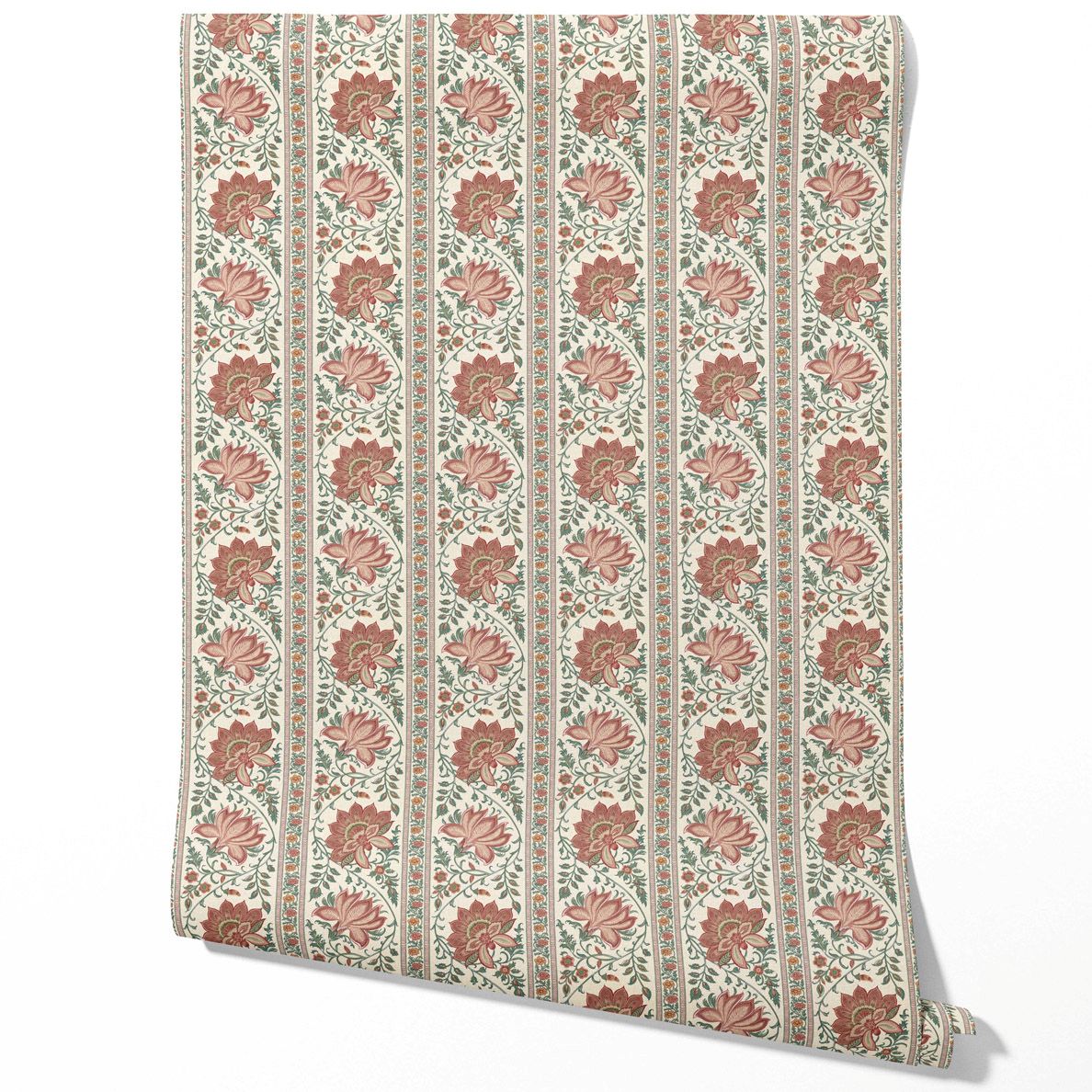 Vintage Floral Striped/ Botanical Traditional Wallpaper Sample (Red/ Green)