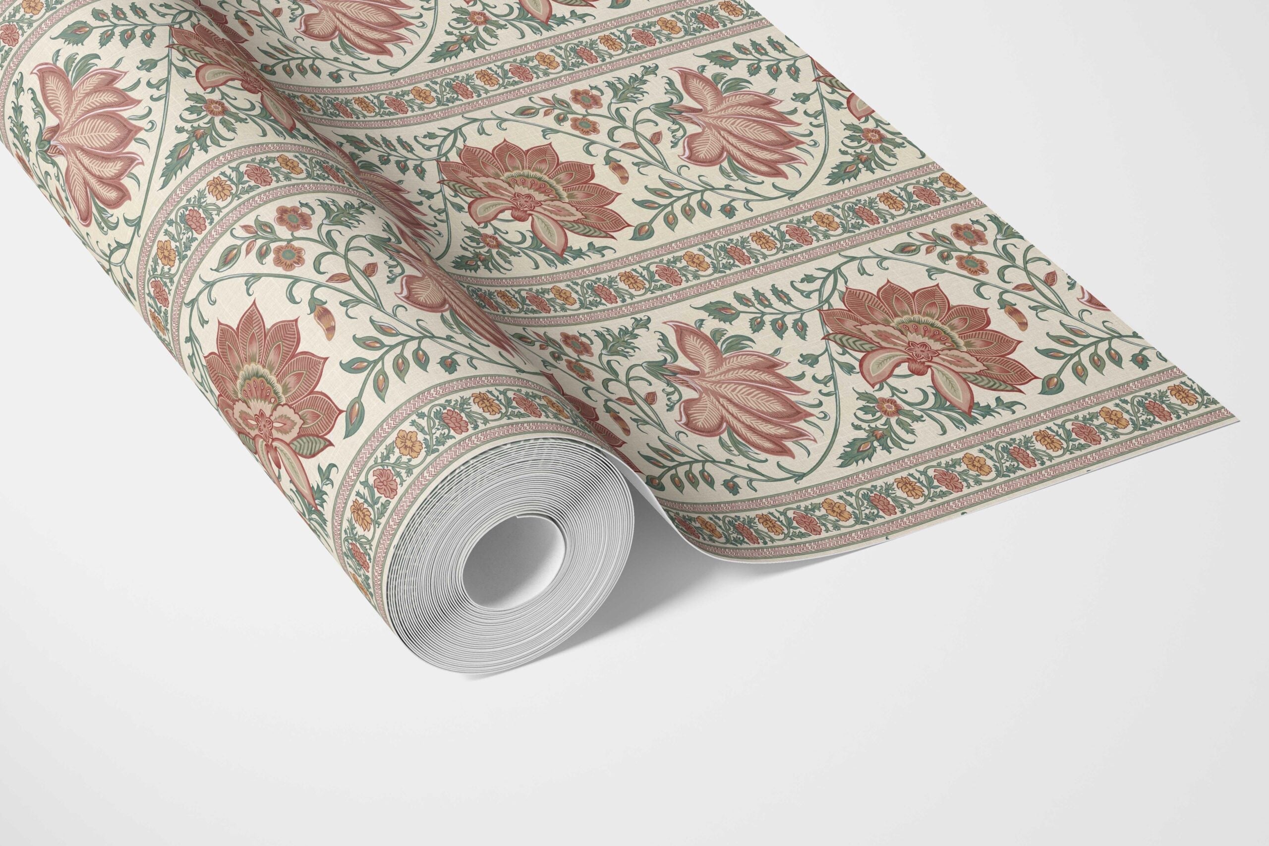 Vintage Floral Striped/ Botanical Bathroom Wallpaper (Red/ Green)