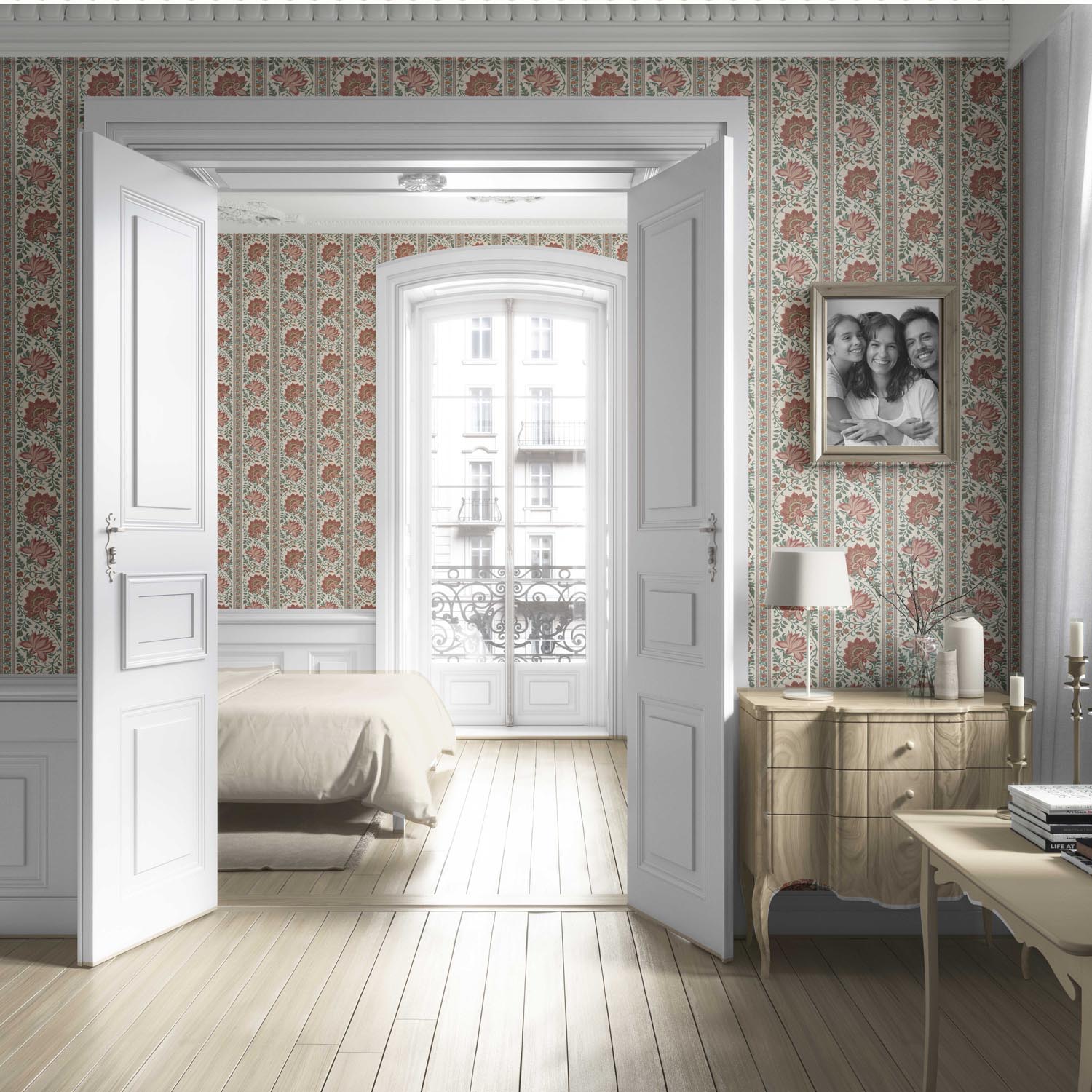 Vintage Floral Striped/ Botanical Living Room Wallpaper Sample (Red/ Green)