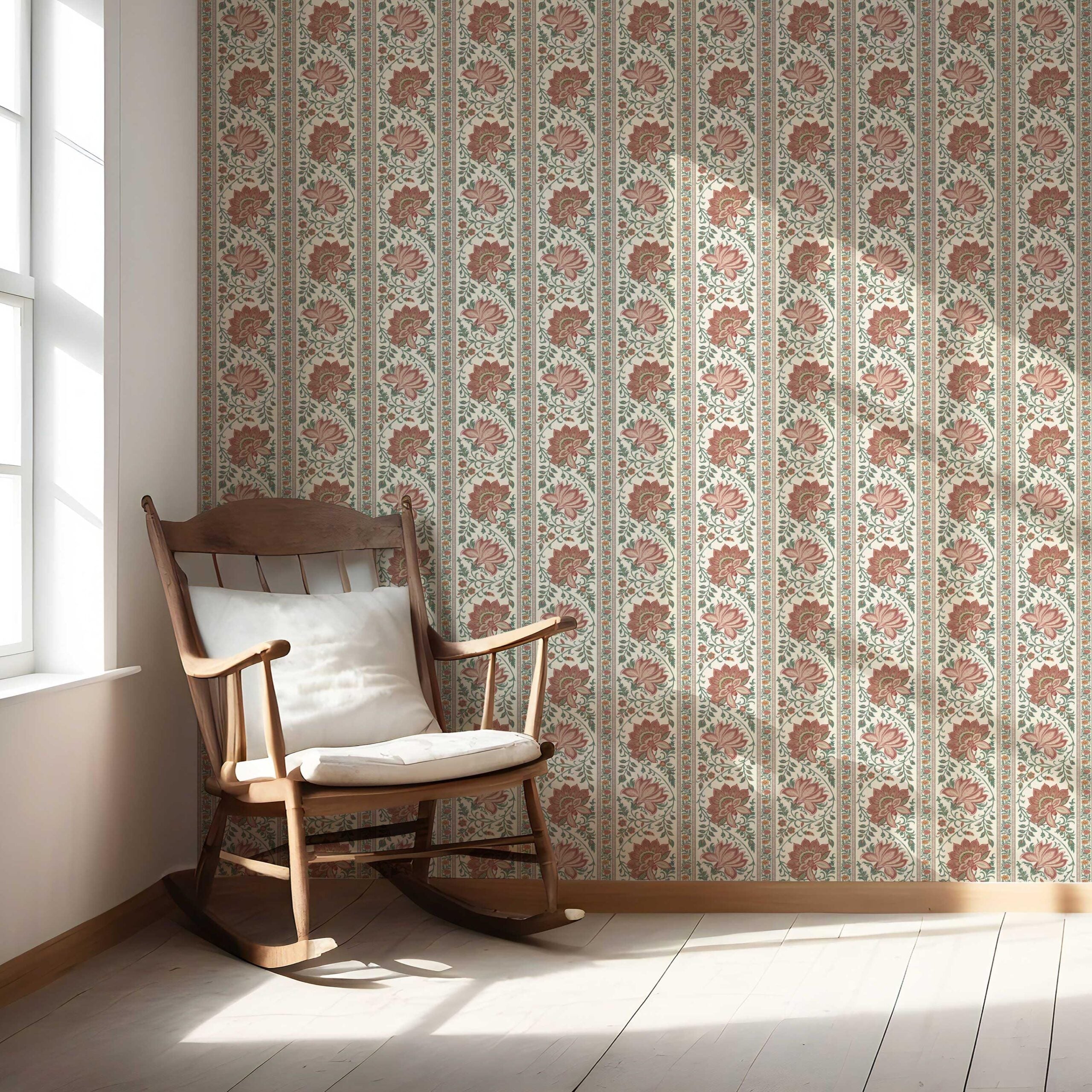 Vintage Floral Striped/ Botanical Nursery Wallpaper (Red/ Green)
