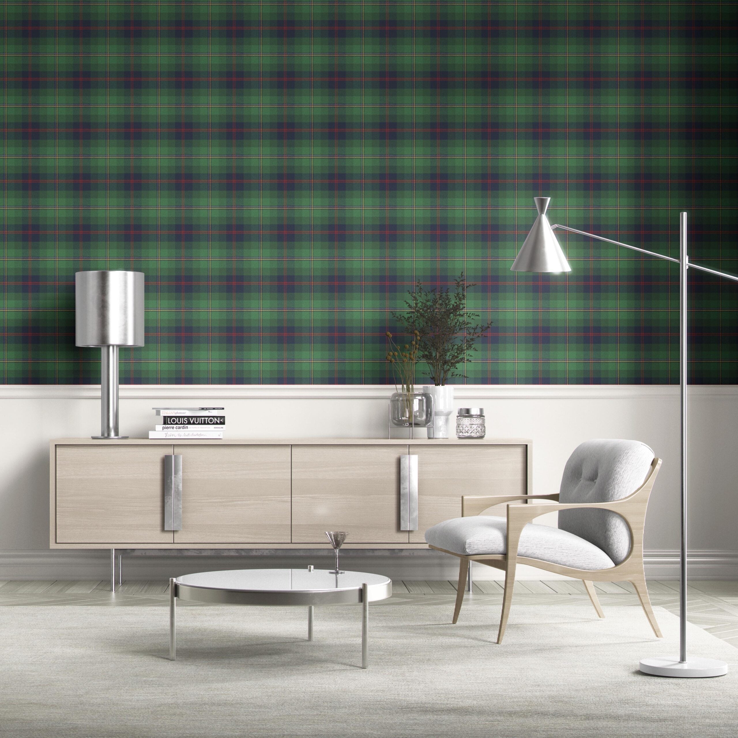 Geometric Plaid Checkered Kitchen Wallpaper Sample (Green/ Navy Blue/ Red/ Yellow)