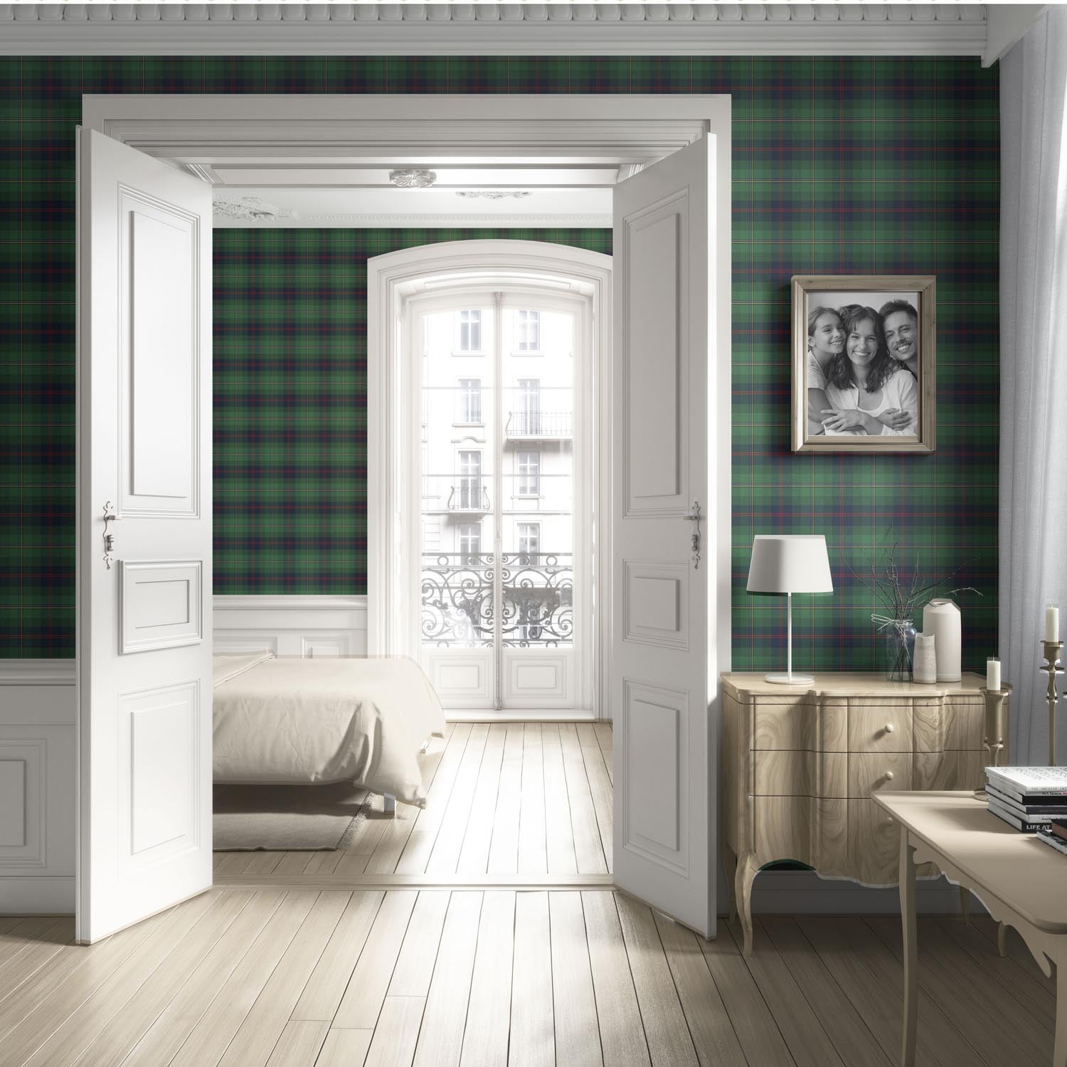 Geometric Plaid Checkered Living Room Wallpaper Sample (Green/ Navy Blue/ Red/ Yellow)