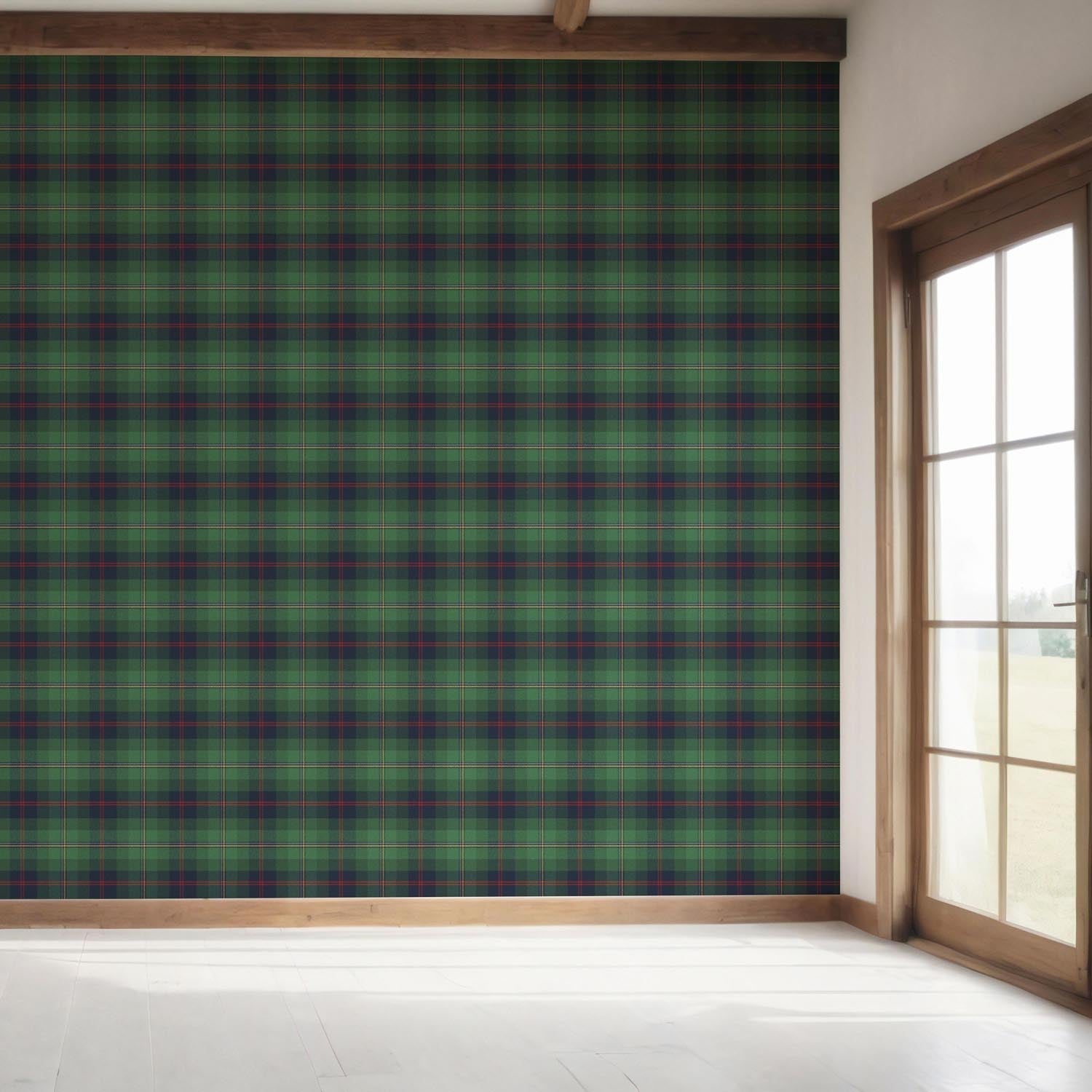 Geometric Plaid Checkered Bedroom Wallpaper Sample (Green/ Navy Blue/ Red/ Yellow)