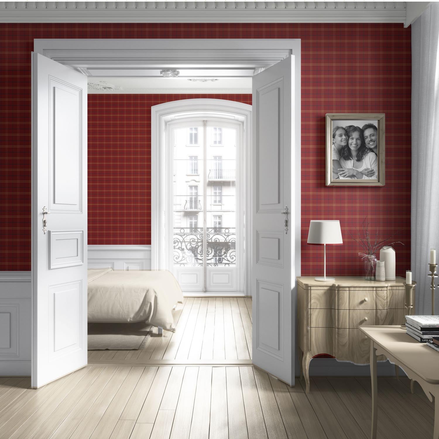 Geometric Plaid Checkered Living Room Wallpaper (Red/ Yellow/ Blue)
